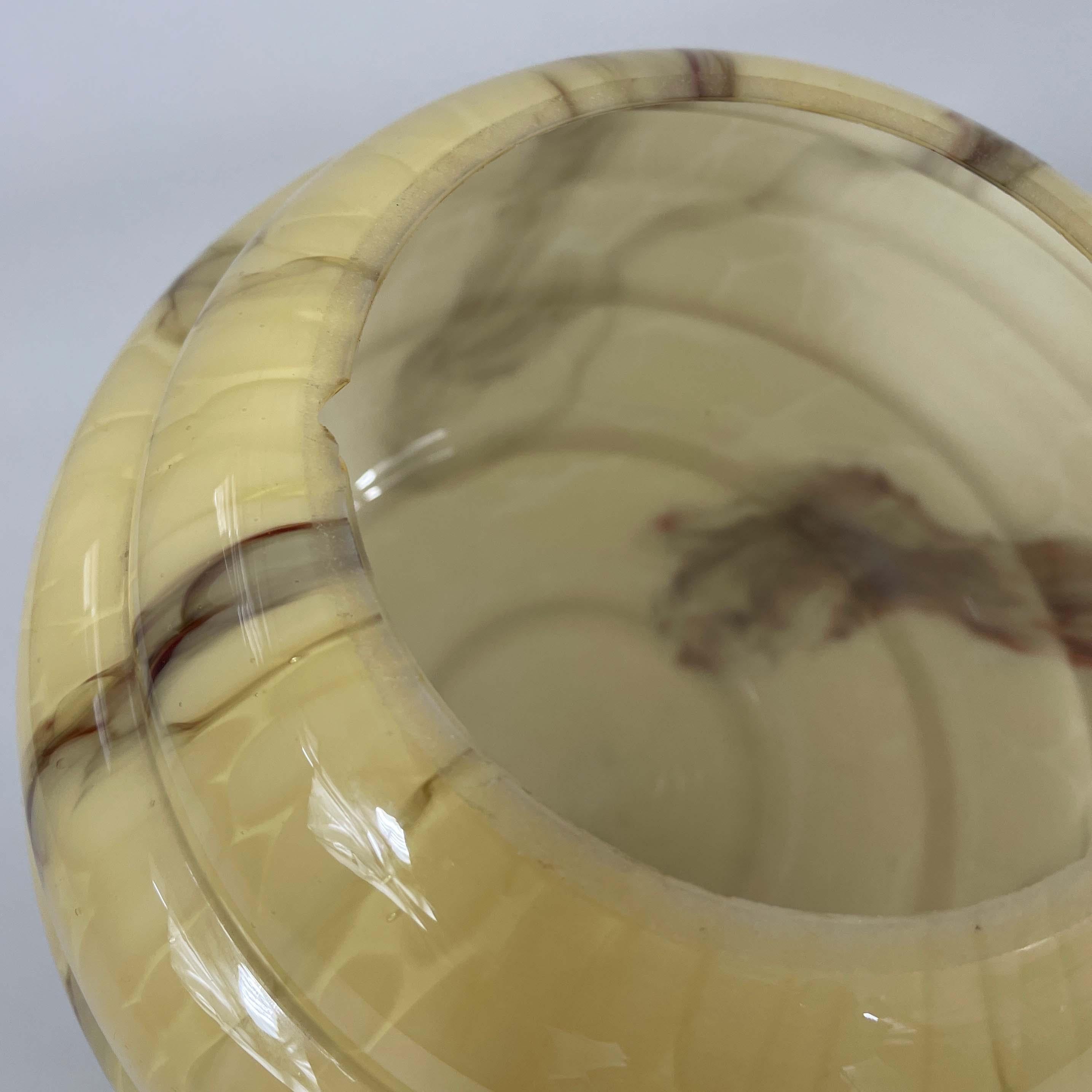 Art Deco Opaline Marbled Beehive Glass, Brass & Wood Pendant, Sweden 1930s For Sale 5