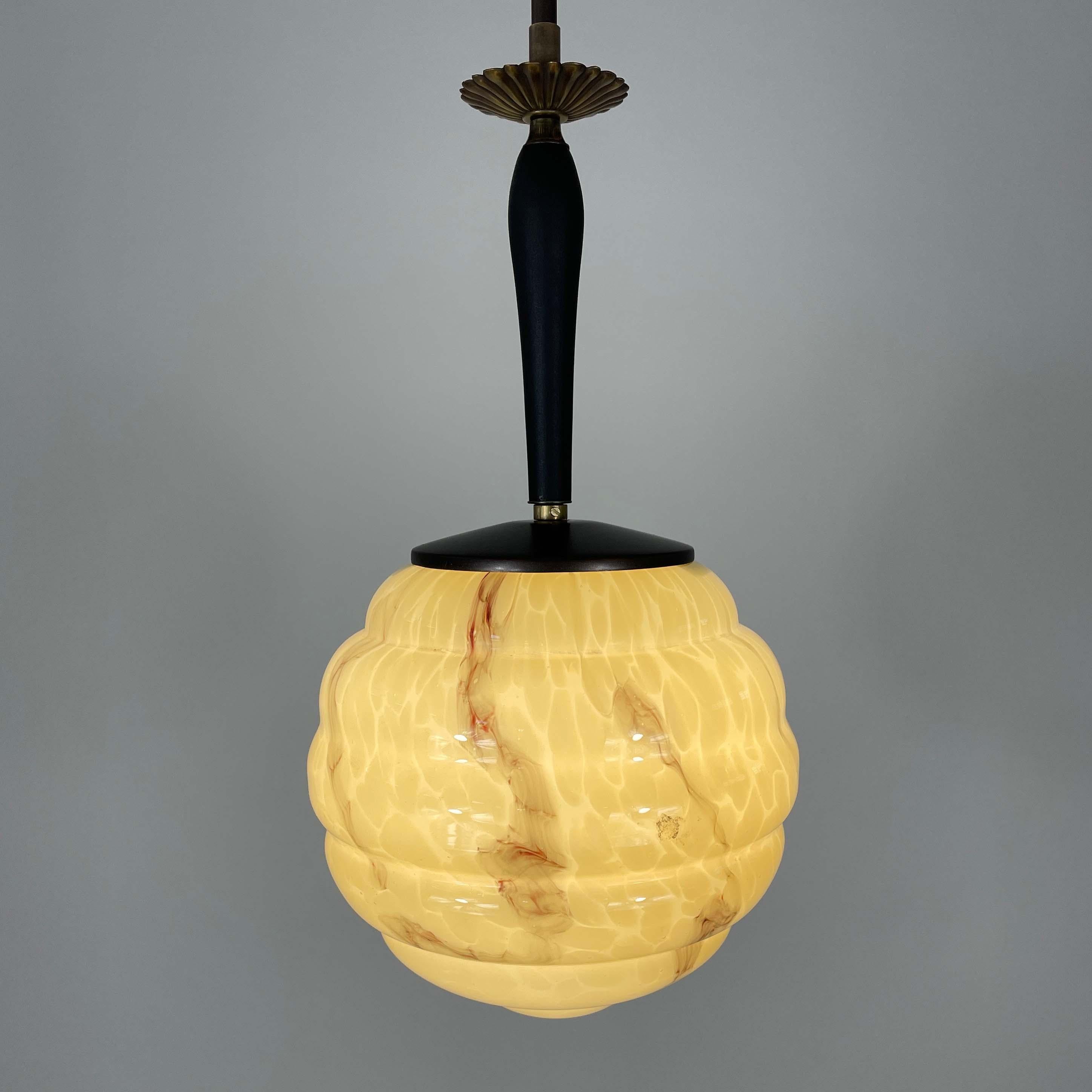Art Deco Opaline Marbled Beehive Glass, Brass & Wood Pendant, Sweden 1930s For Sale 6