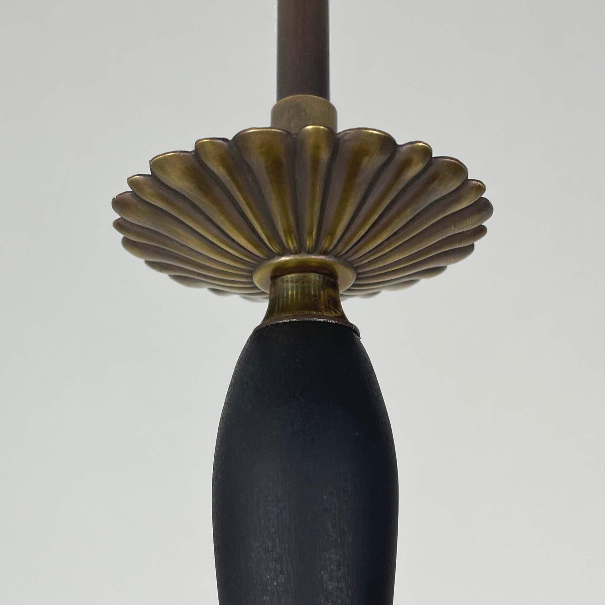 Art Deco Opaline Marbled Beehive Glass, Brass & Wood Pendant, Sweden 1930s For Sale 7