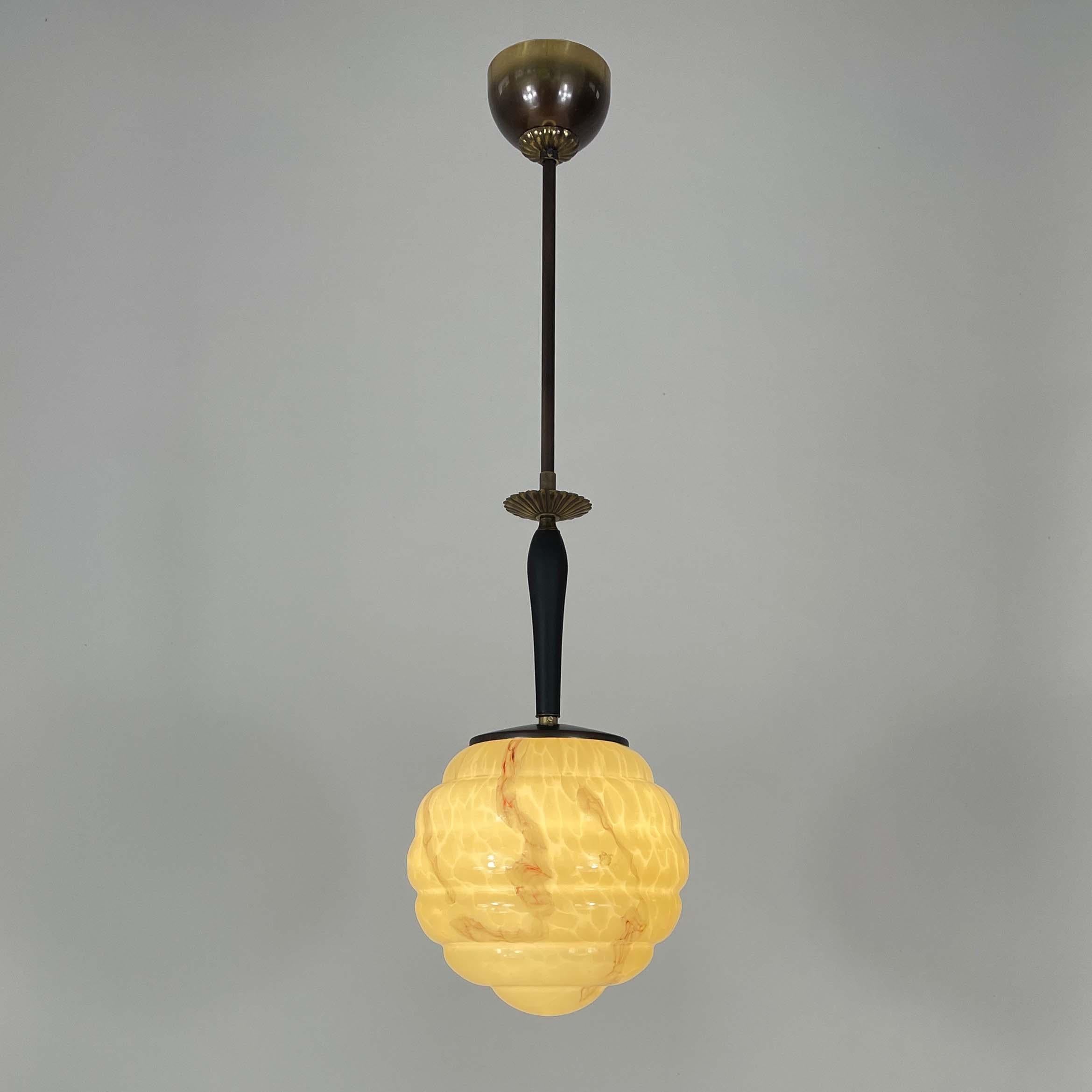 Swedish Art Deco Opaline Marbled Beehive Glass, Brass & Wood Pendant, Sweden 1930s For Sale