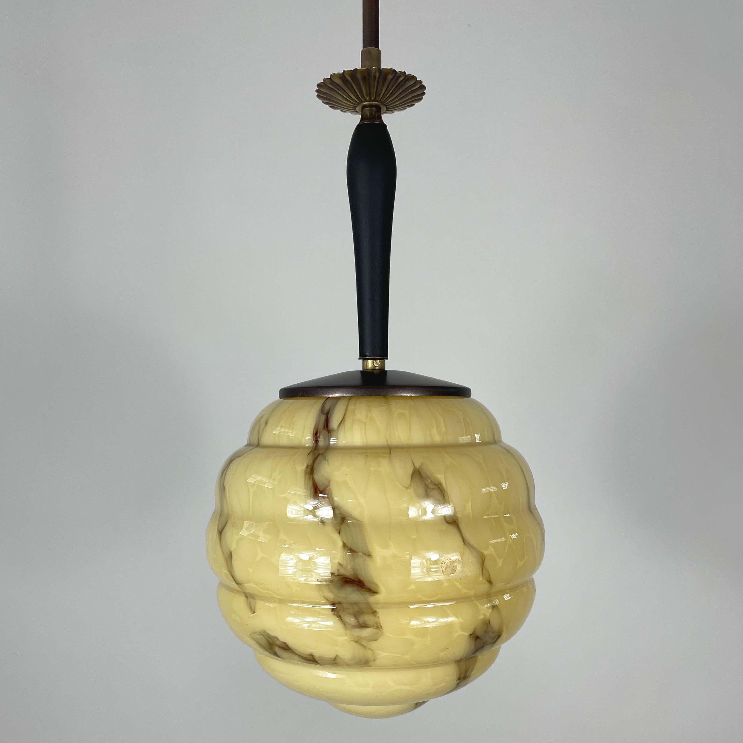 Art Deco Opaline Marbled Beehive Glass, Brass & Wood Pendant, Sweden 1930s In Good Condition For Sale In NUEMBRECHT, NRW