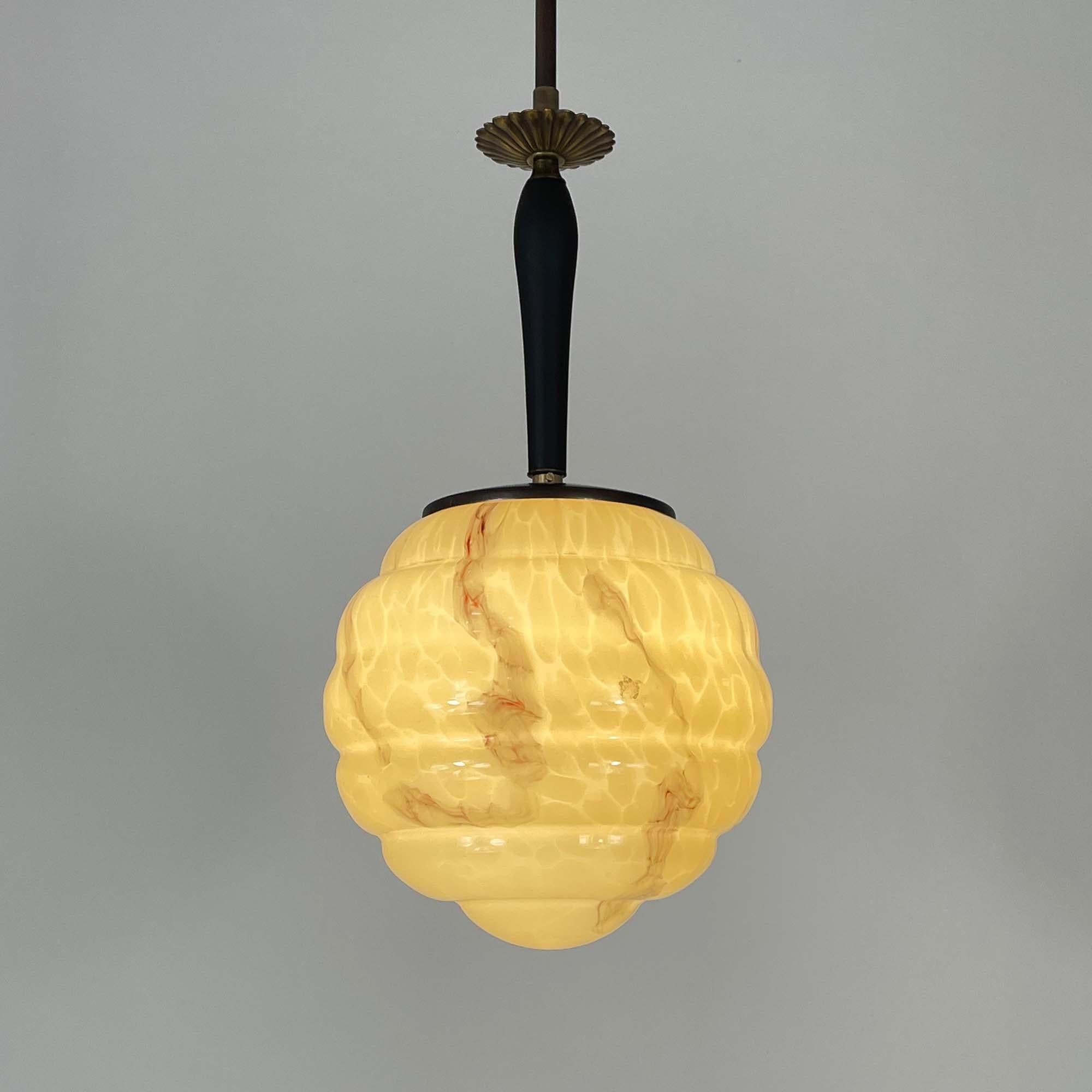 Mid-20th Century Art Deco Opaline Marbled Beehive Glass, Brass & Wood Pendant, Sweden 1930s For Sale