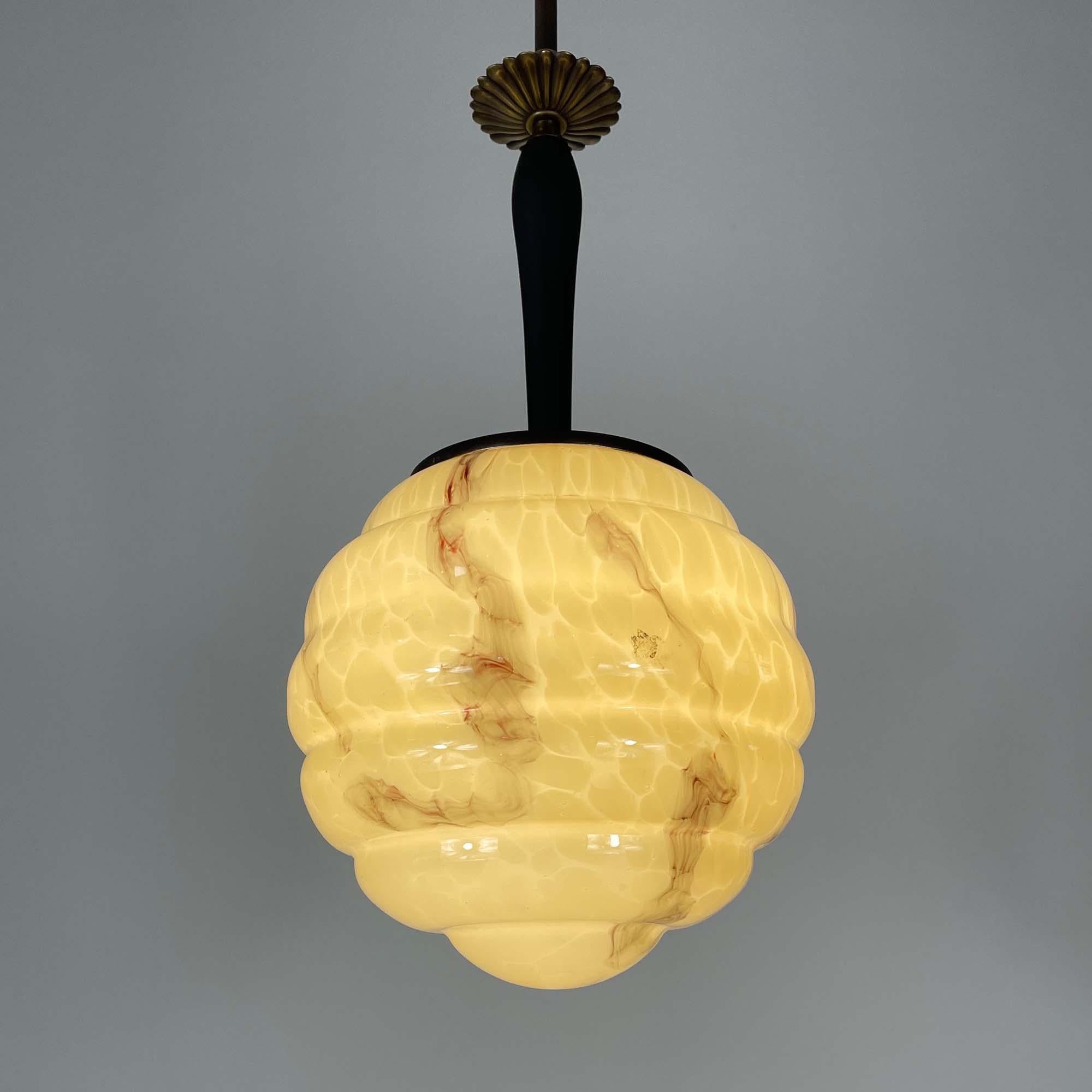 Art Deco Opaline Marbled Beehive Glass, Brass & Wood Pendant, Sweden 1930s For Sale 1
