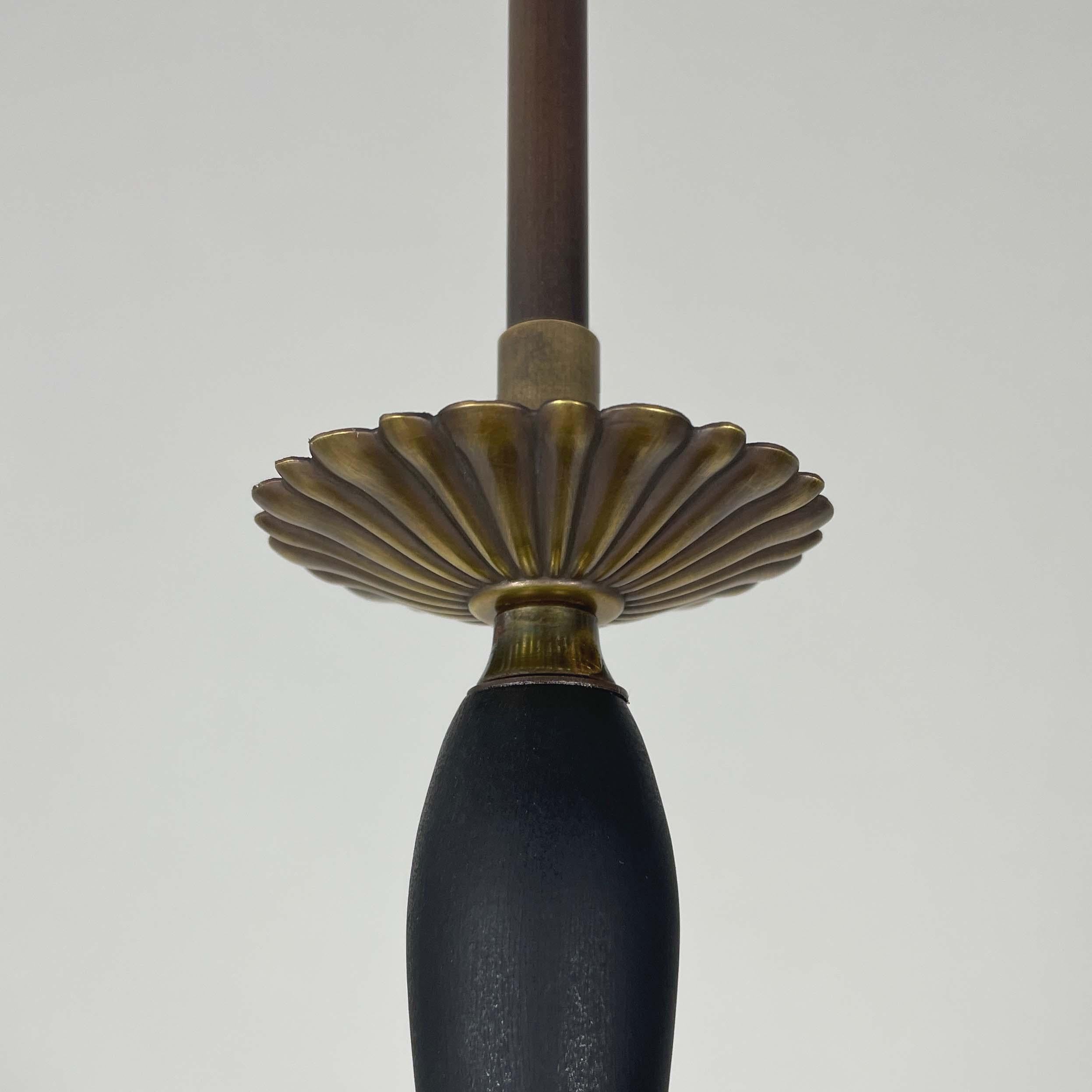 Art Deco Opaline Marbled Beehive Glass, Brass & Wood Pendant, Sweden 1930s For Sale 2