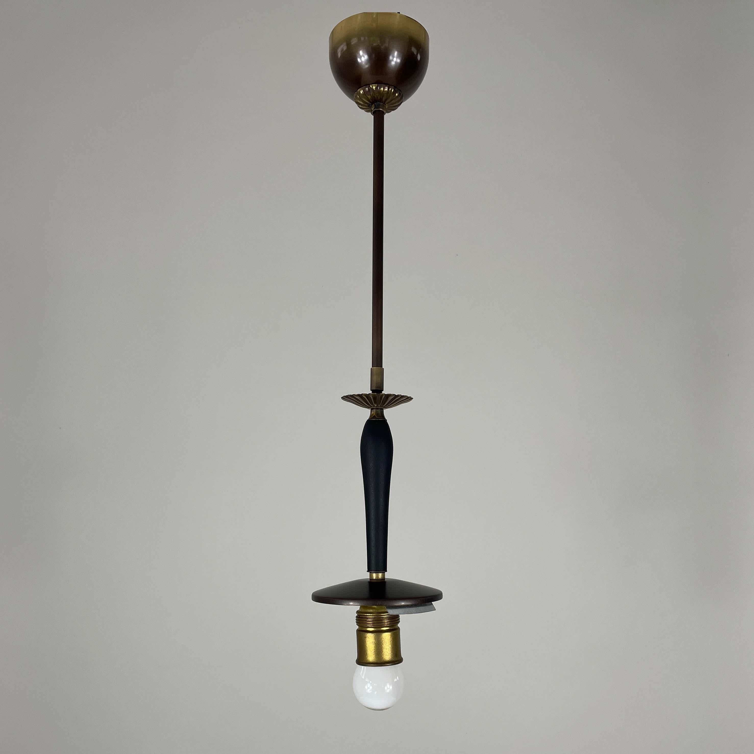 Art Deco Opaline Marbled Beehive Glass, Brass & Wood Pendant, Sweden 1930s For Sale 3