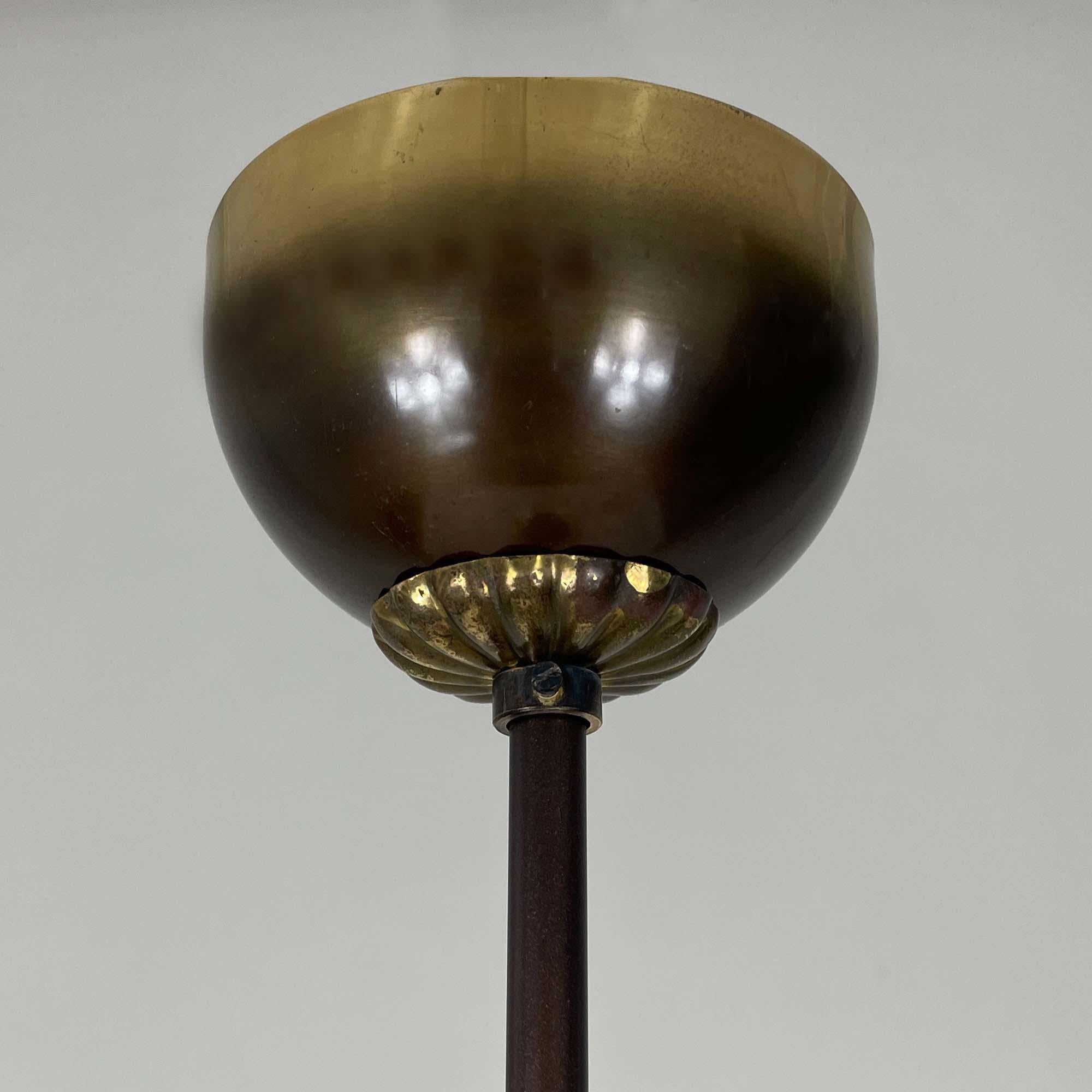 Art Deco Opaline Marbled Beehive Glass, Brass & Wood Pendant, Sweden 1930s For Sale 4