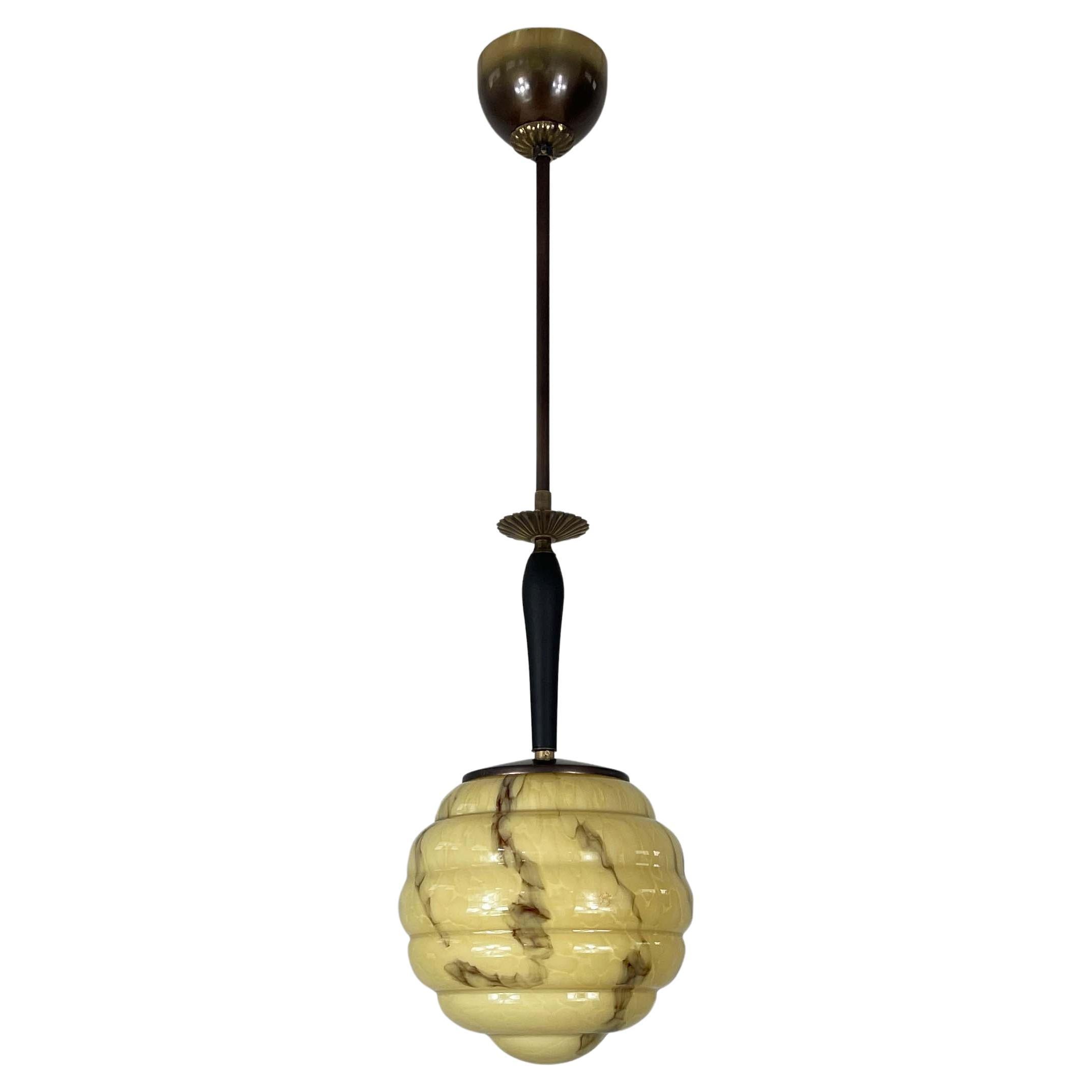 Art Deco Opaline Marbled Beehive Glass, Brass & Wood Pendant, Sweden 1930s
