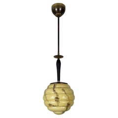 Art Deco Opaline Marbled Beehive Glass, Brass & Wood Pendant, Sweden 1930s