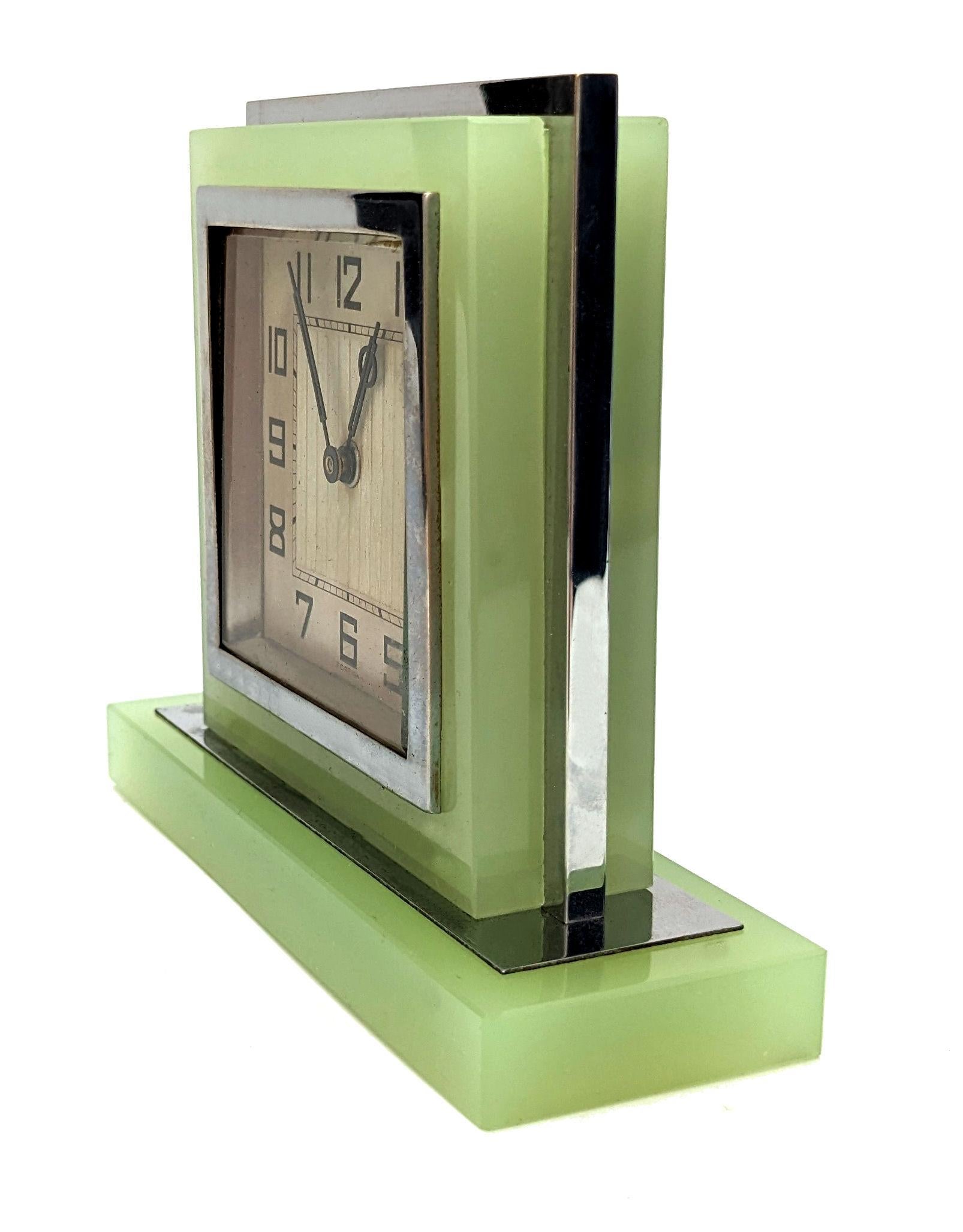 English Art Deco Opaline Uranium Glass & Chrome 30 Hr Clock, C1930