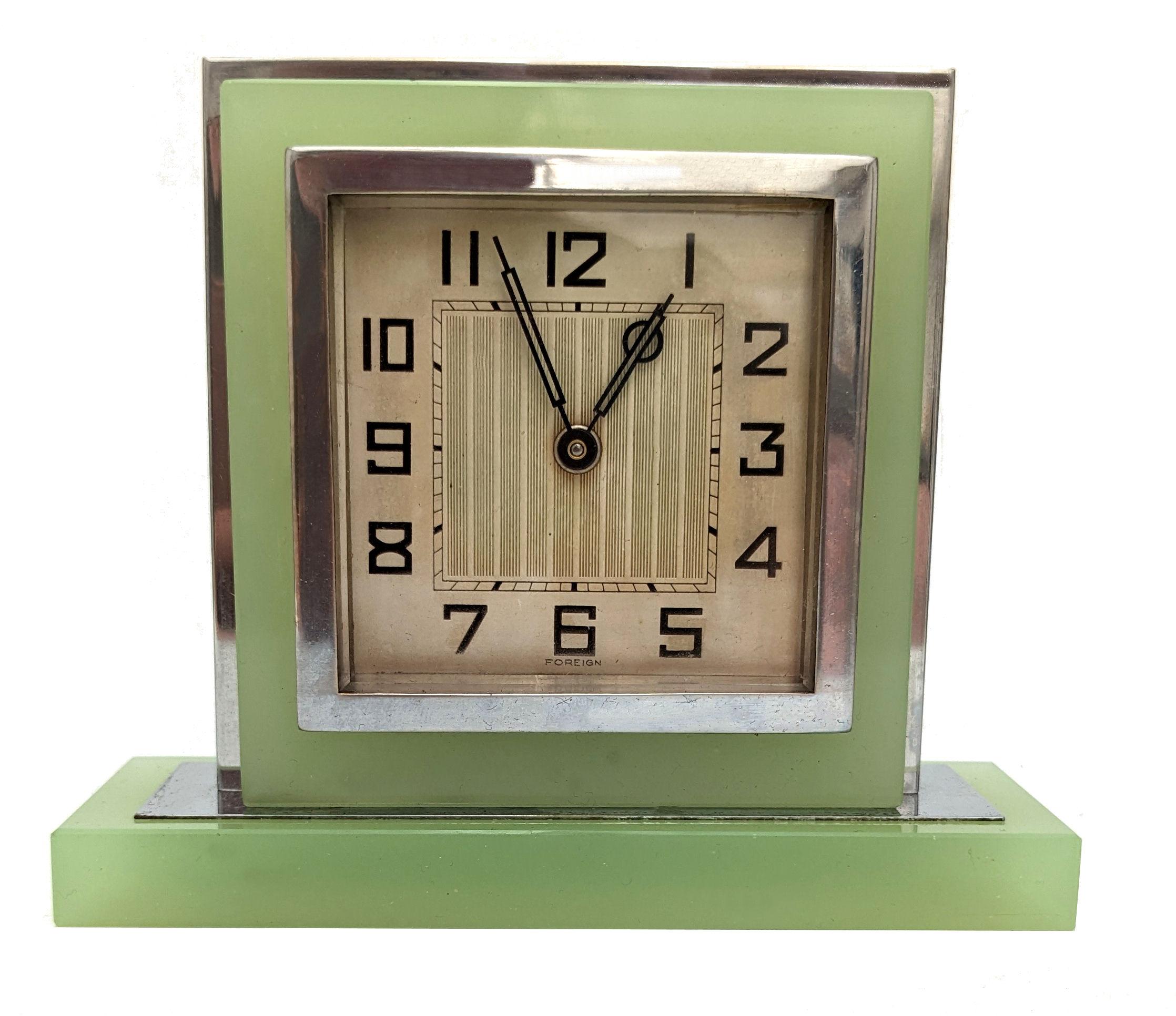 Art Deco Opaline Uranium Glass & Chrome 30 Hr Clock, C1930 1