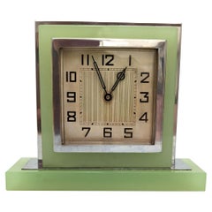 Vintage Art Deco Opaline Uranium Glass & Chrome 30 Hr Clock, C1930
