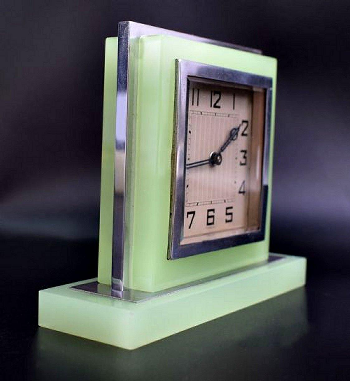 French Art Deco Opaline Uranium Glass & Chrome Clock, c1930 For Sale