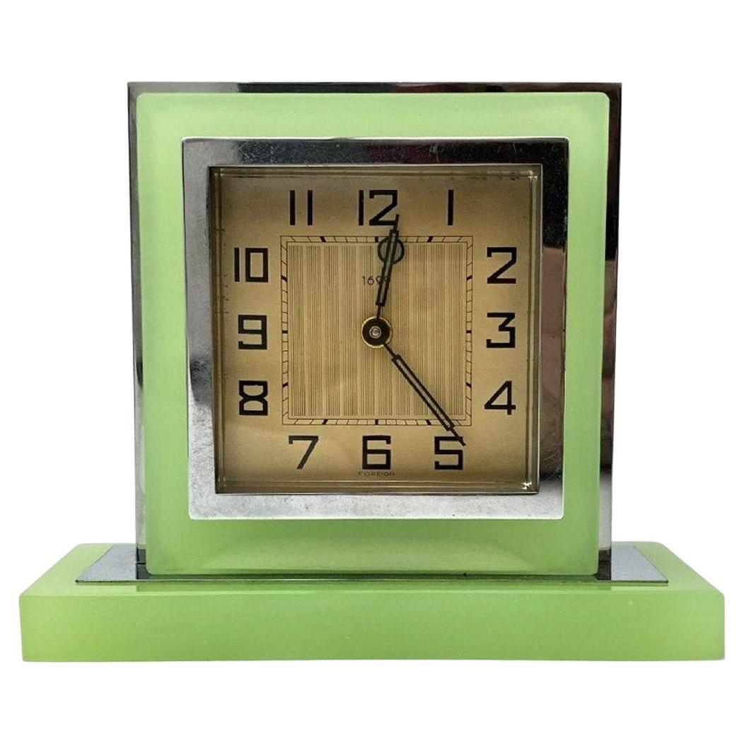 Art Deco Opaline Uranium Glass & Chrome Clock, c1930 For Sale