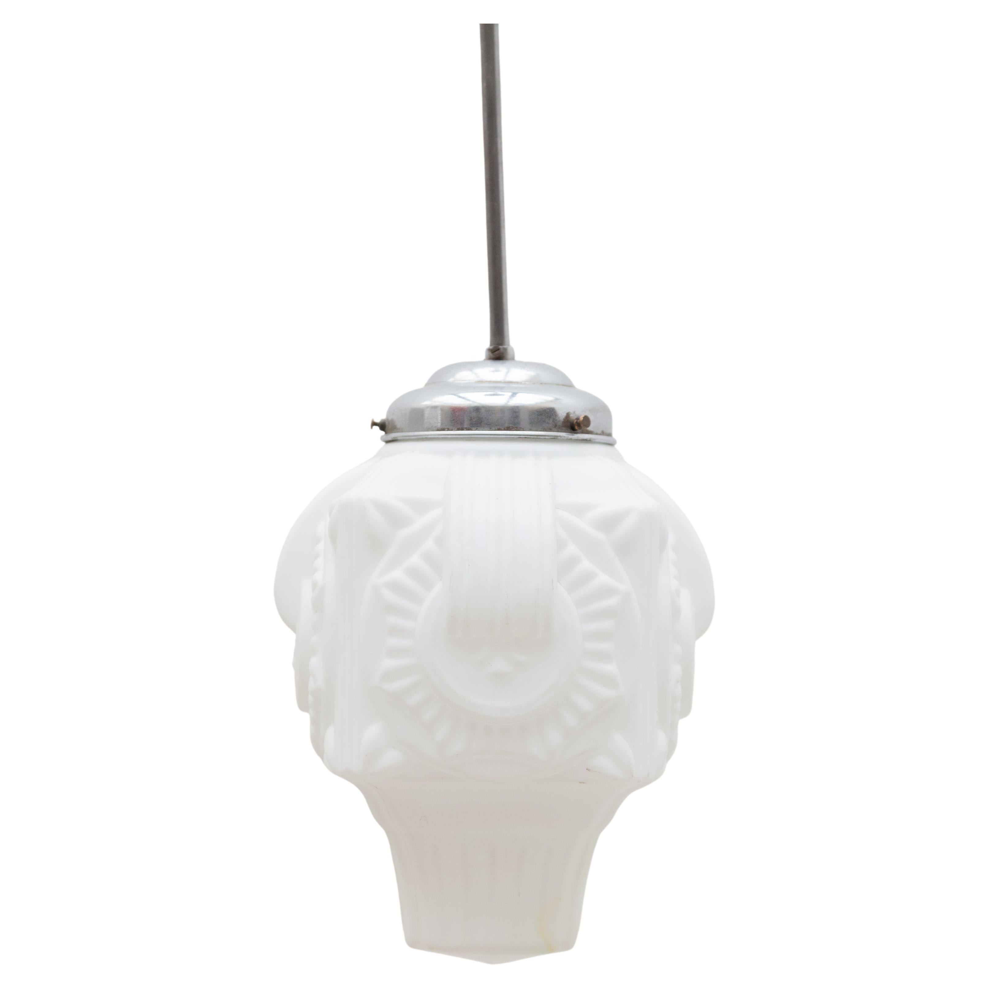 Art Deco Opaline, Milk Glass Skyscraper Pendant For Sale