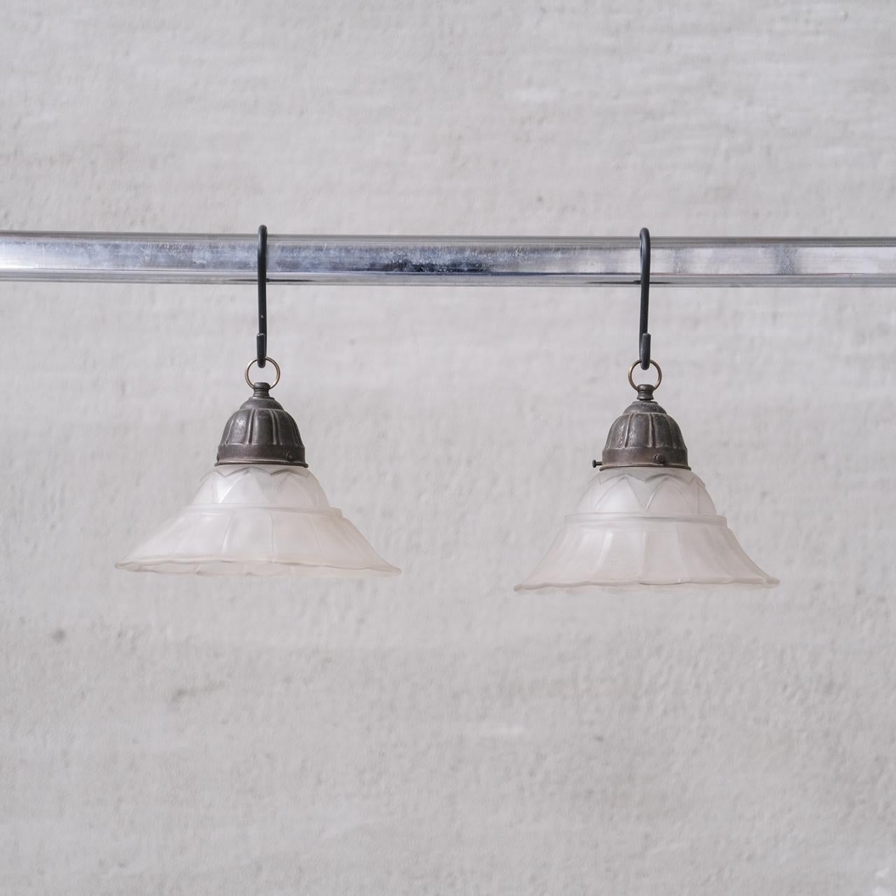 Metal Art Deco Opaque Glass Pendant Lights (2 available) For Sale