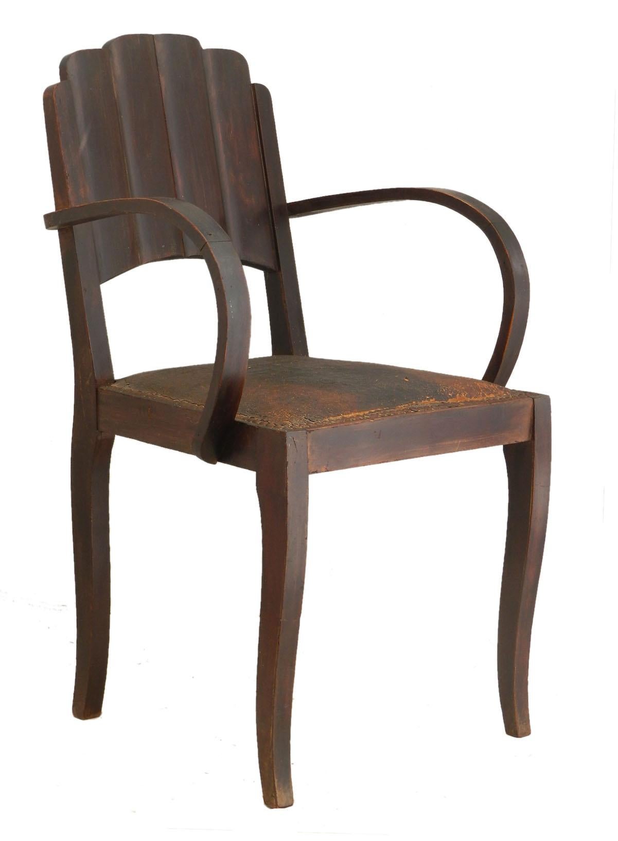Open armchair Art Deco French bridge chair carver includes recovering excludes cost of fabric
Five available price is per item
Dining or side chairs
Odeon backs
At present covered in worn out leather
We can recover these to leather or fabric of your
