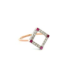 Art Deco Open Square Diamond and Ruby Platinum Vintage Ring
