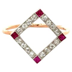 Anillo Art Déco Vintage Cuadrado Abierto de Platino con Diamantes y Rubíes