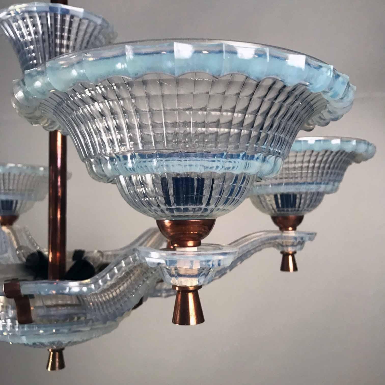 Art Deco Opalescent Glass and Copper Chandelier by Ezan In Good Condition In Montreal, QC