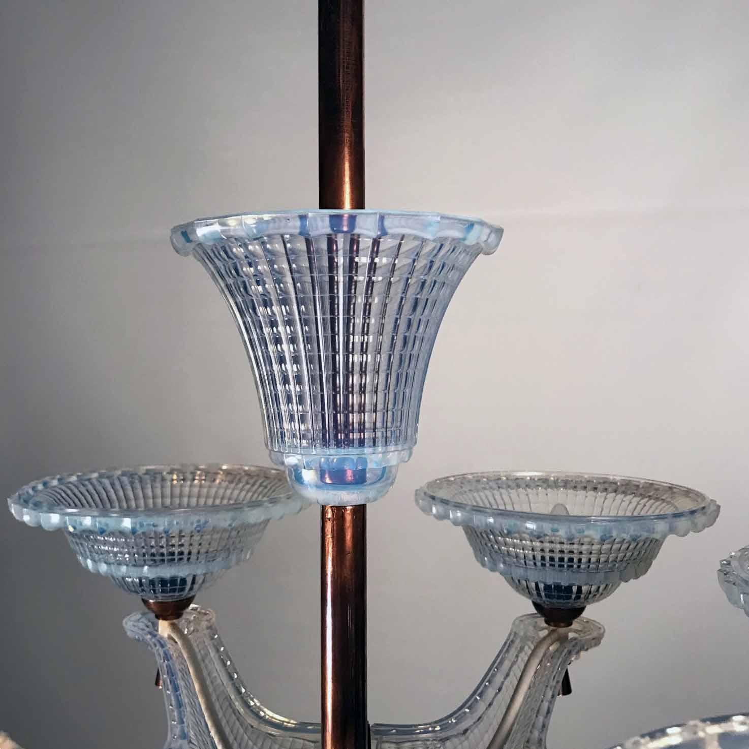 Art Deco Opalescent Glass and Copper Chandelier by Ezan 1