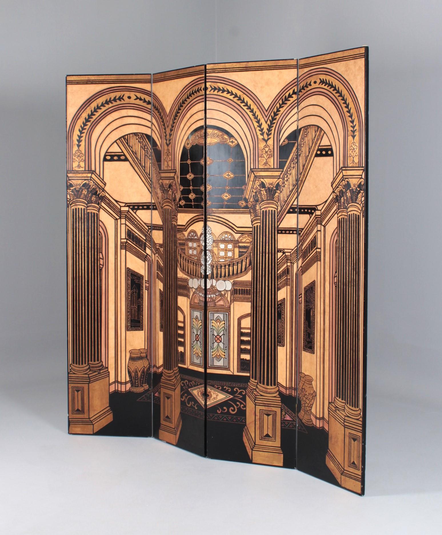 Large Art Deco Screen

France
Wood, stucco
Mid 20th c.

Dimensions: H x W x D: 214 x 204 x 2 cm

Description:
Impressive screen with an Art Deco interior scene.

The room divider consists of four elements, each 51 cm wide. The panels are made of