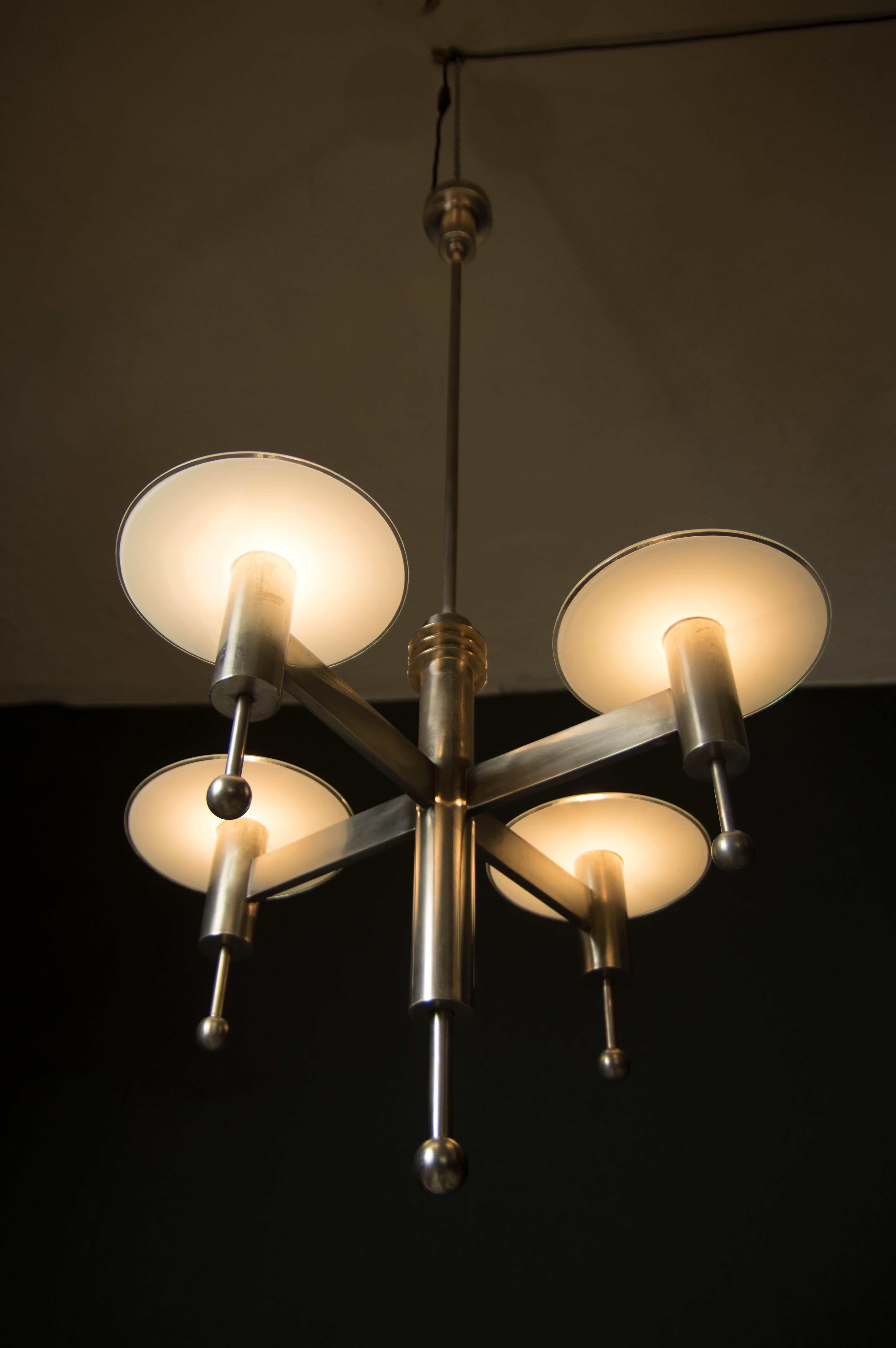 Art Deco or Bauhaus Nickel-Plated 4-Flamming Chandelier, 1920s For Sale 3