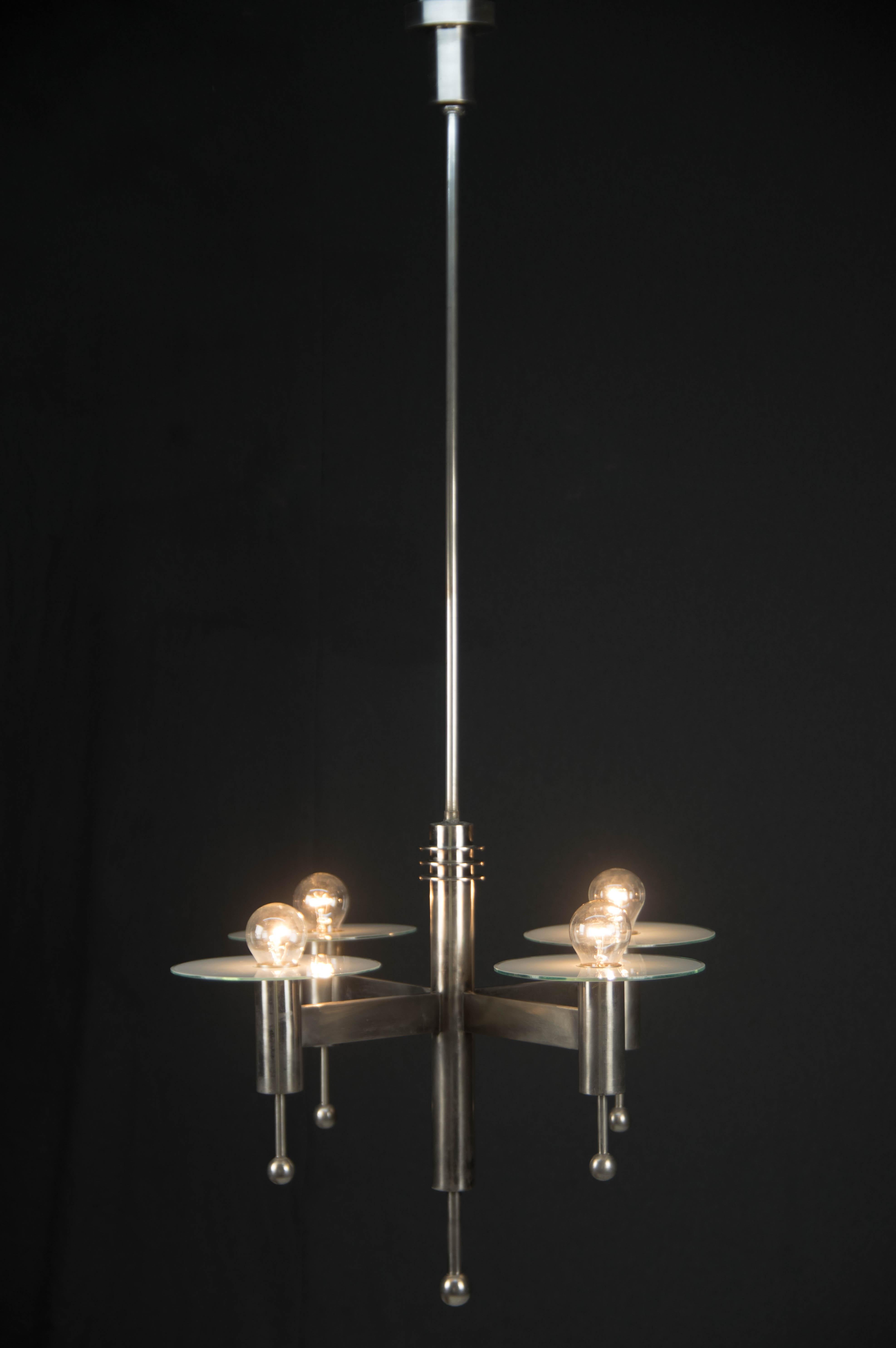 Art Deco or Bauhaus Nickel-Plated 4-Flamming Chandelier, 1920s For Sale 5