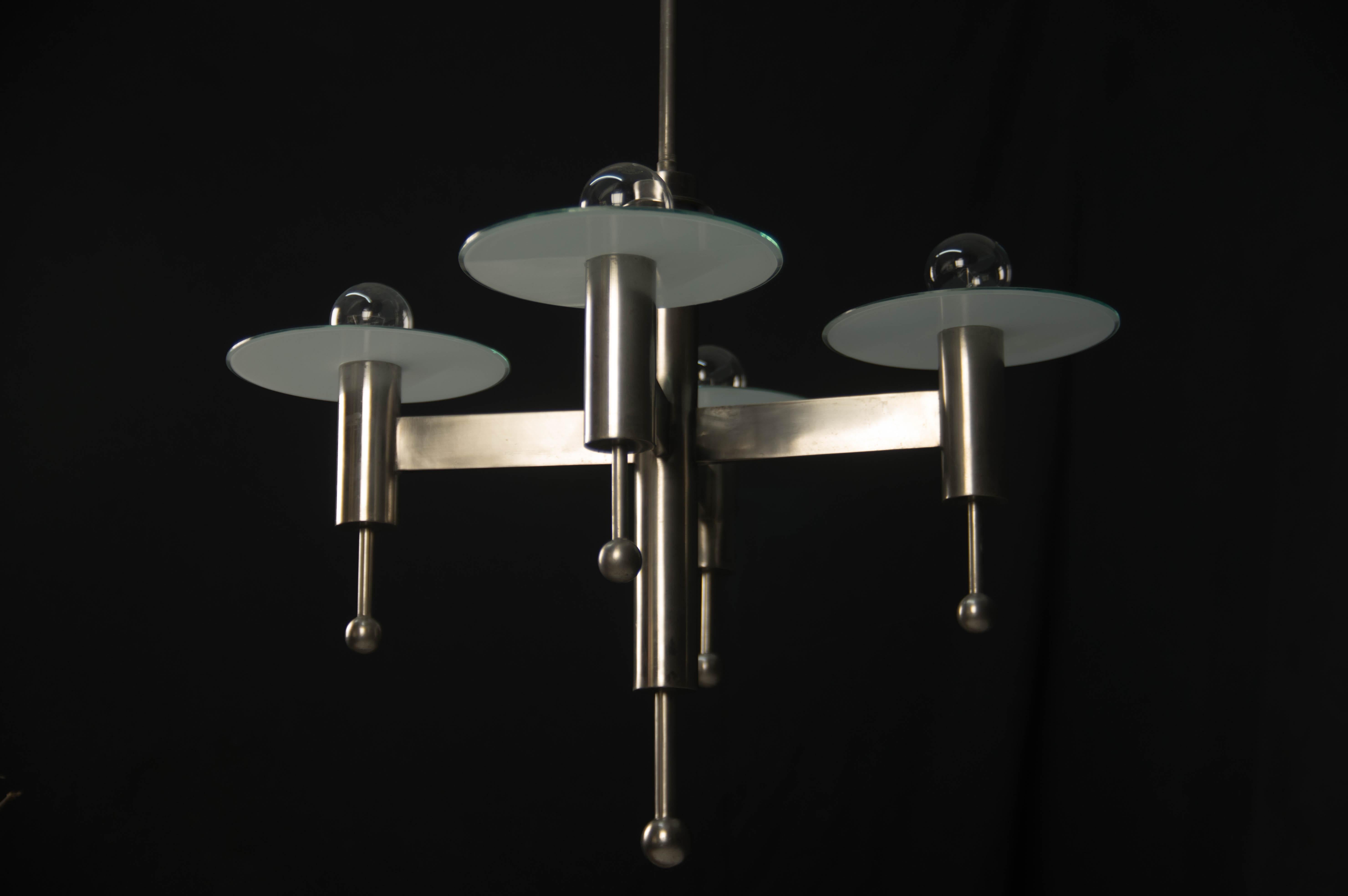 Art Deco or Bauhaus Nickel-Plated 4-Flamming Chandelier, 1920s For Sale 6