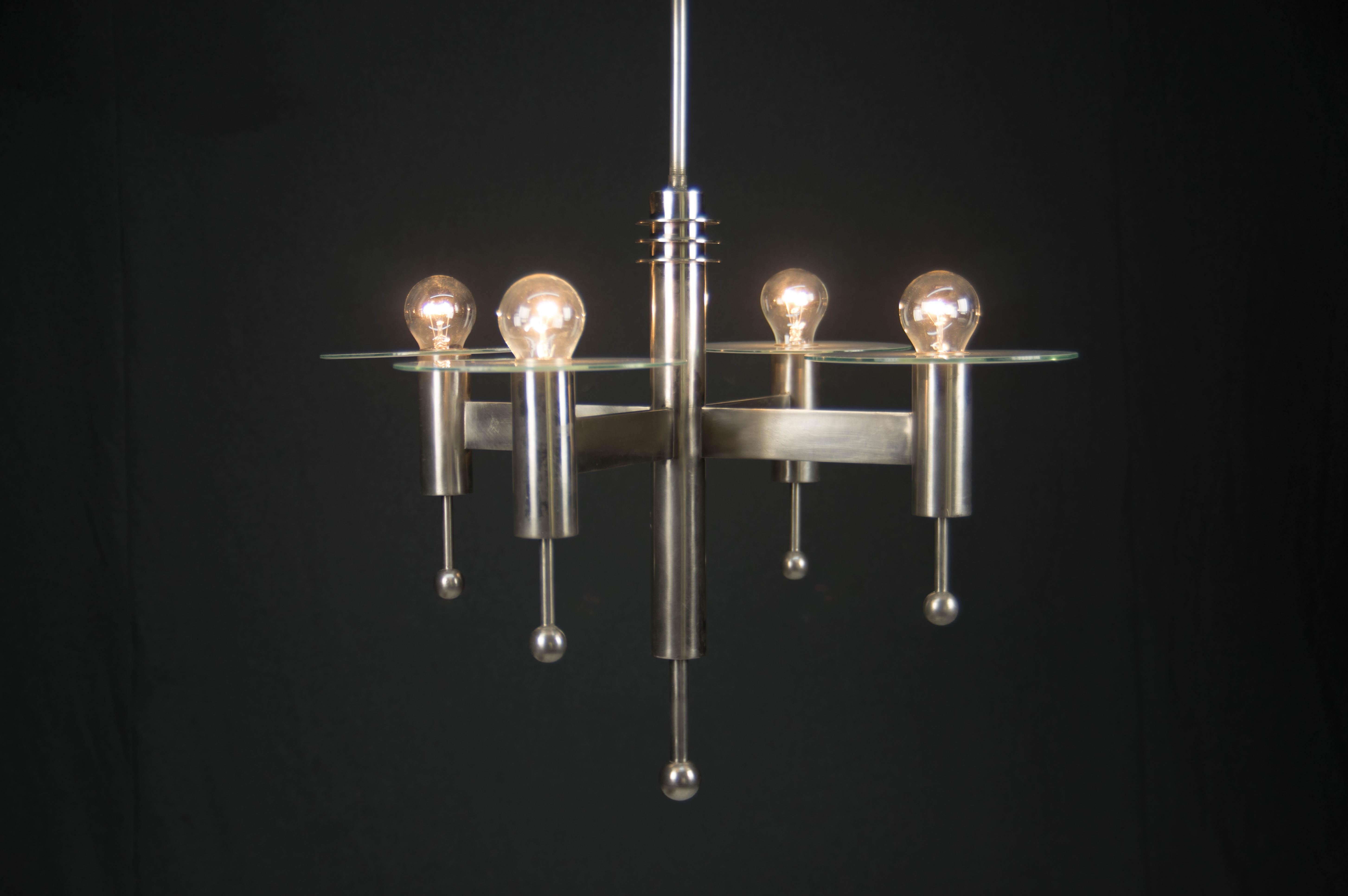 Art Deco or Bauhaus Nickel-Plated 4-Flamming Chandelier, 1920s In Good Condition For Sale In Praha, CZ