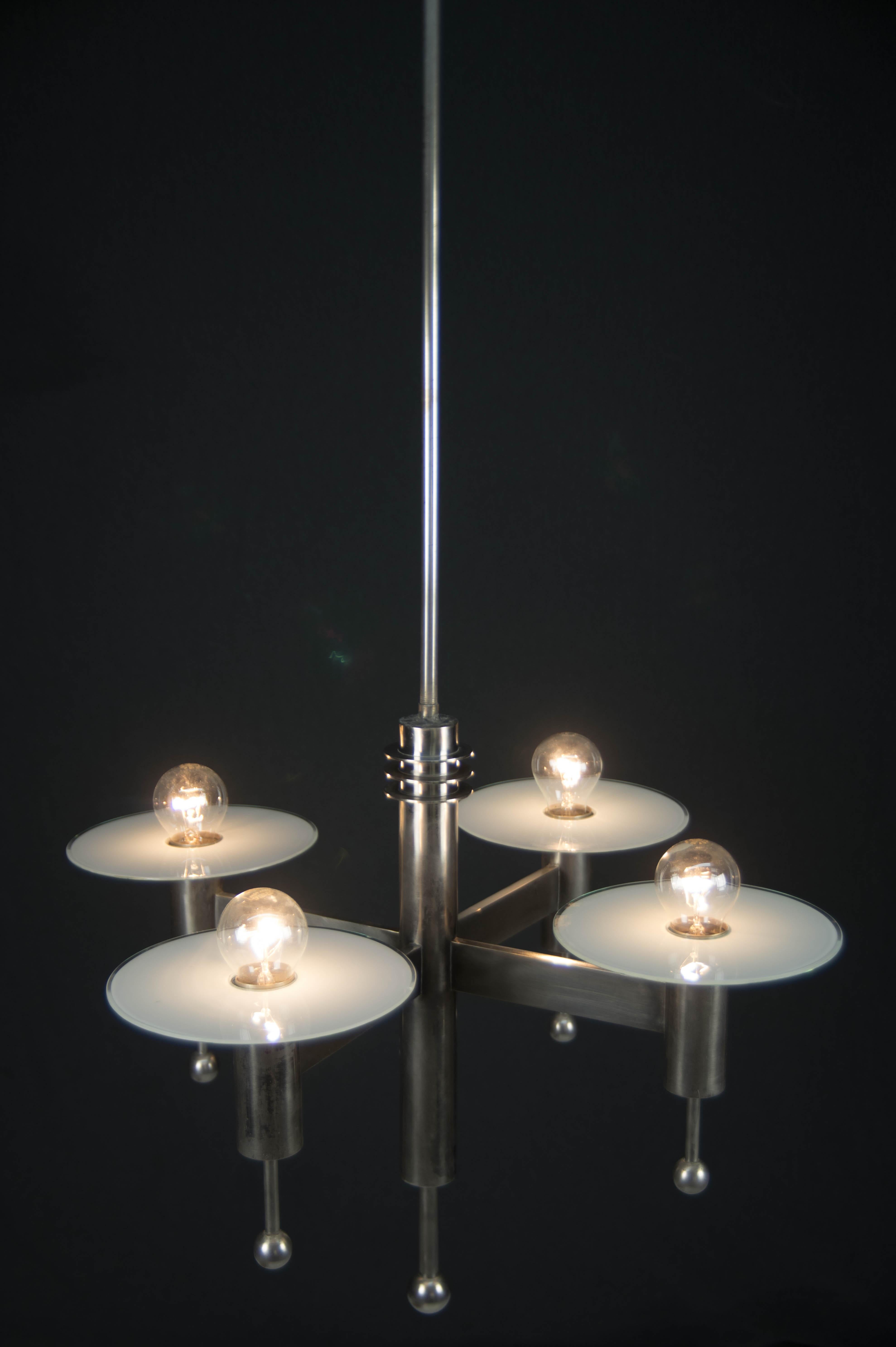 Early 20th Century Art Deco or Bauhaus Nickel-Plated 4-Flamming Chandelier, 1920s For Sale