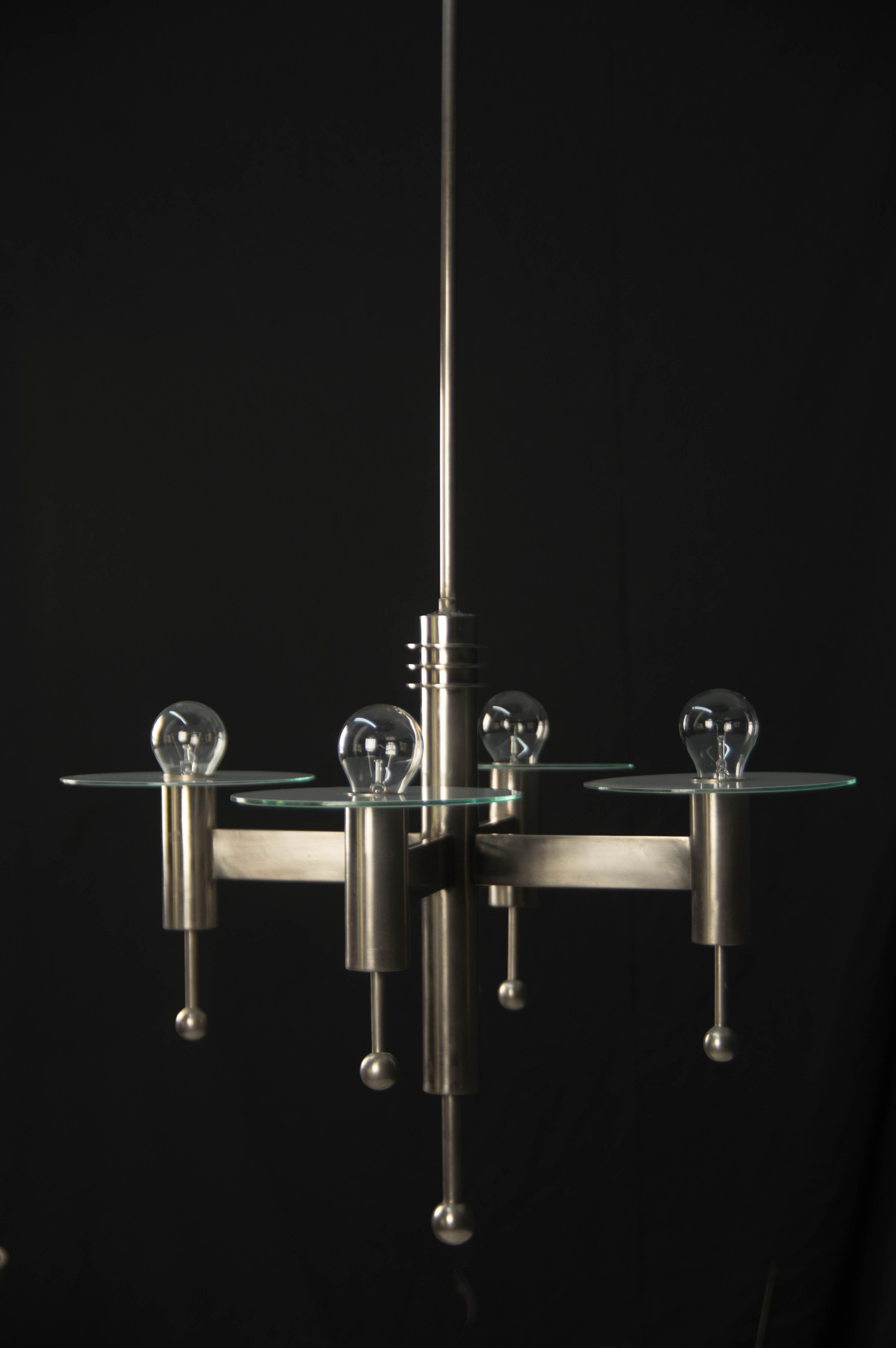 Opaline Glass Art Deco or Bauhaus Nickel-Plated 4-Flamming Chandelier, 1920s For Sale