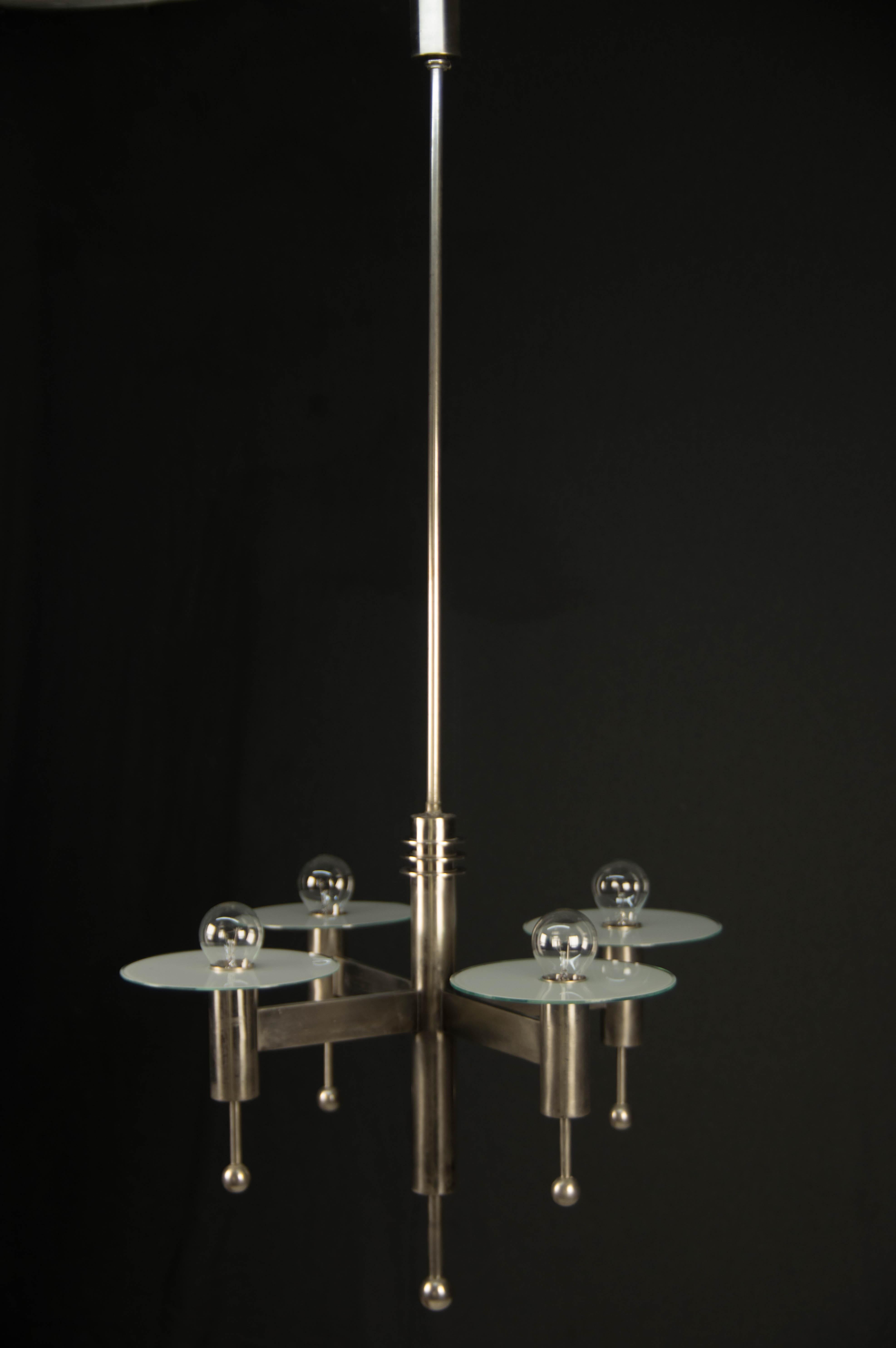 Art Deco or Bauhaus Nickel-Plated 4-Flamming Chandelier, 1920s For Sale 2