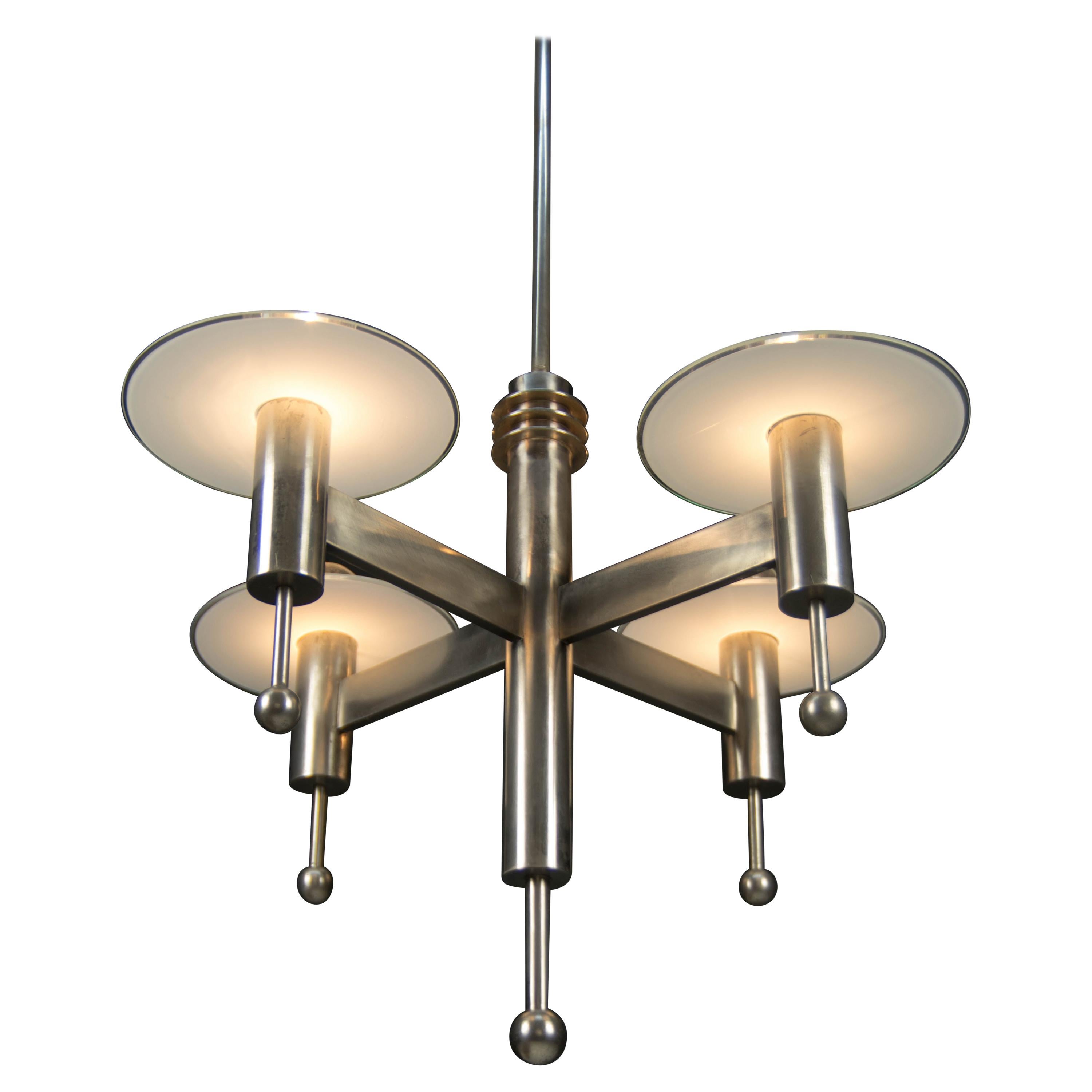 Art Deco or Bauhaus Nickel-Plated 4-Flamming Chandelier, 1920s For Sale