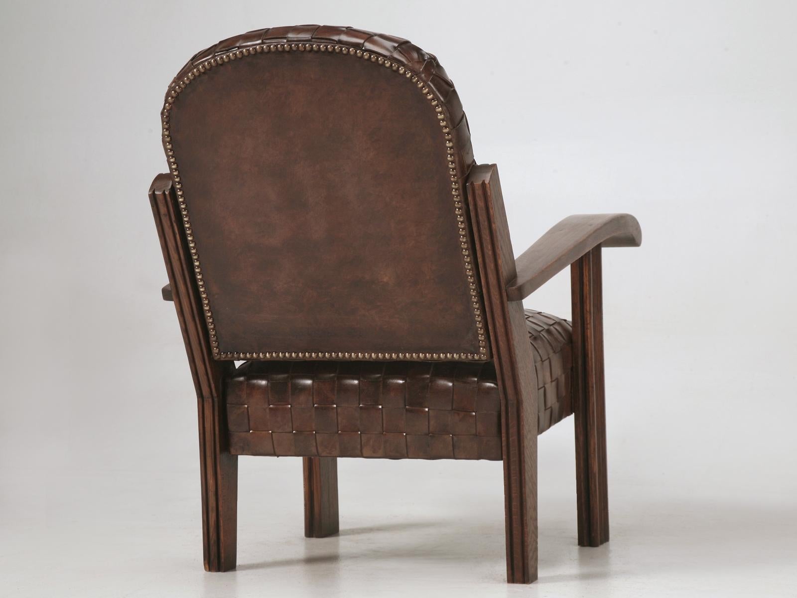 Art Deco or Late Arts & Craft Handwoven Leather Club Chairs For Sale 4