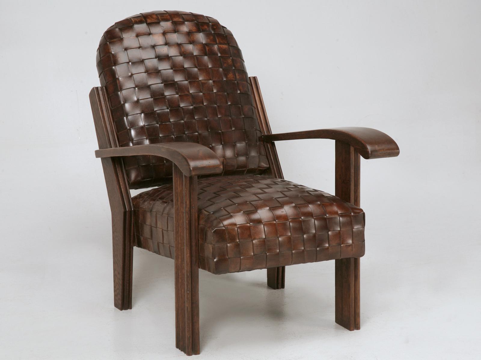 Art Deco or Late Arts & Craft Handwoven Leather Club Chairs For Sale 2