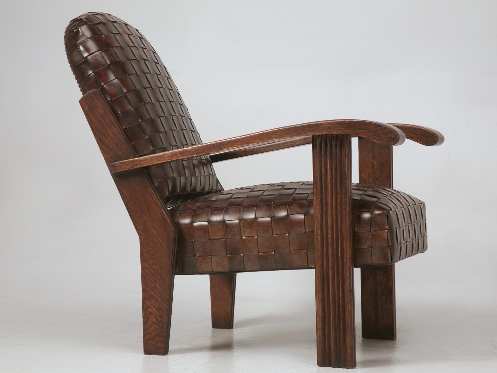 Art Deco or Late Arts & Craft Handwoven Leather Club Chairs For Sale 3