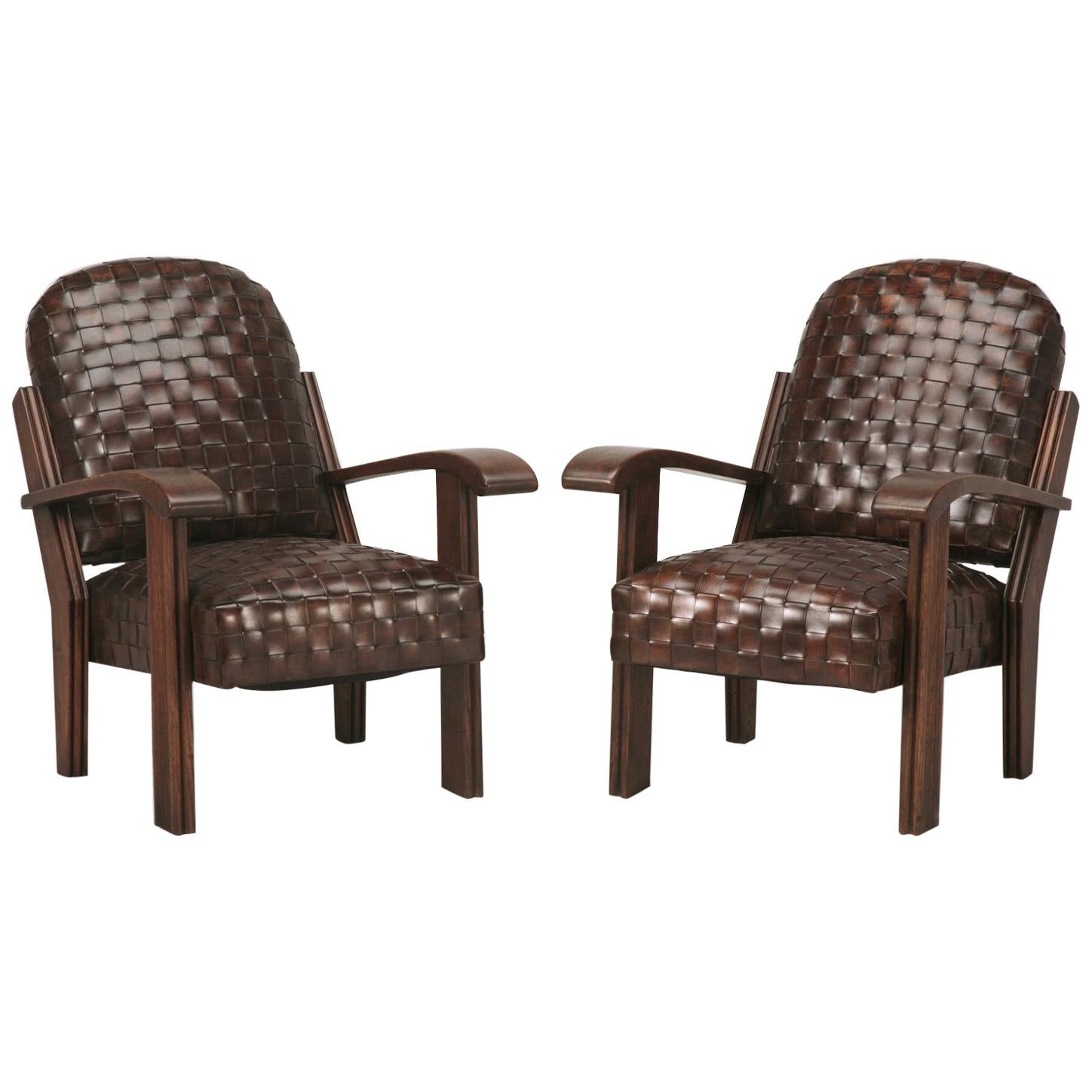 Art Deco or Late Arts & Craft Handwoven Leather Club Chairs For Sale