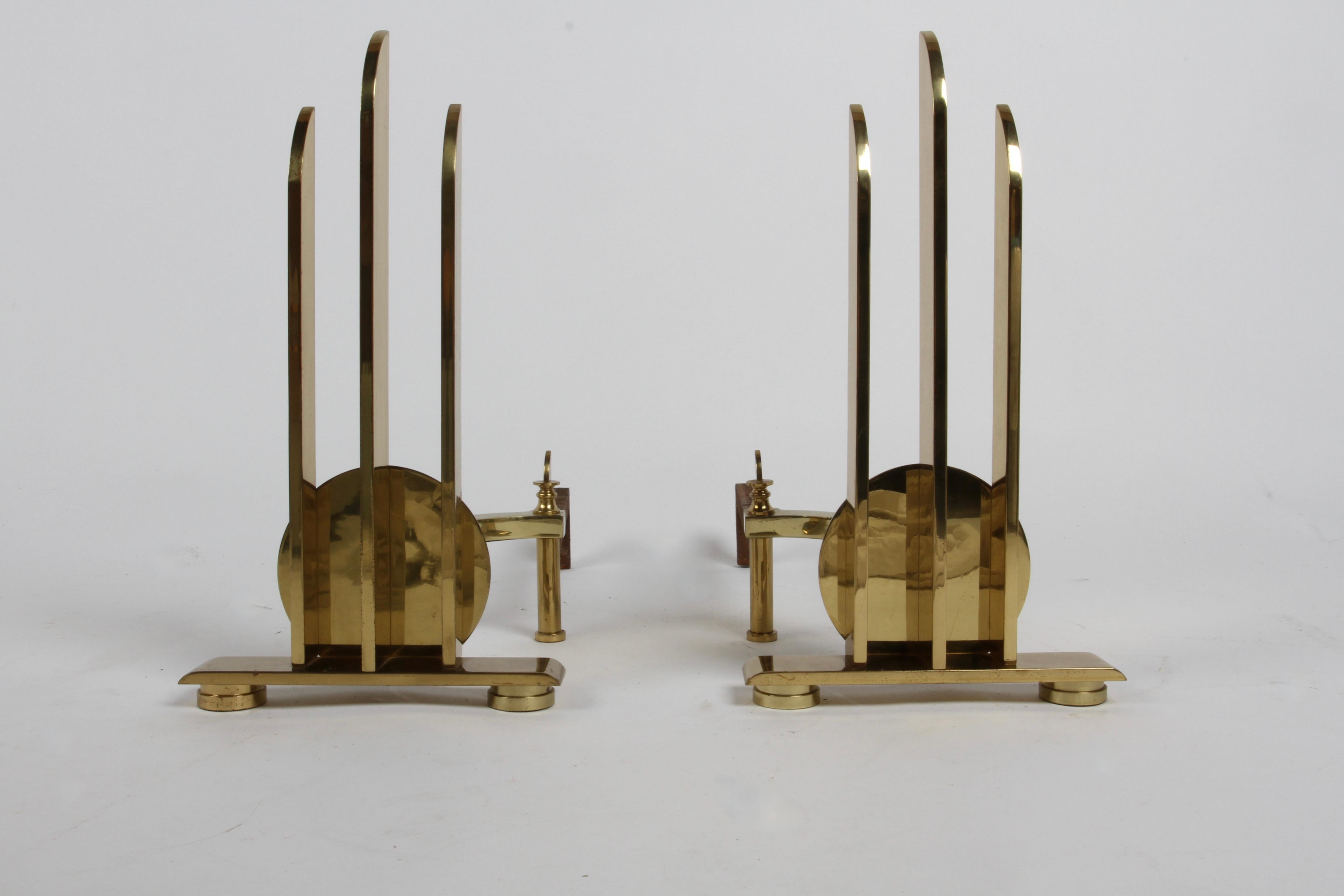 American Art Deco or Machine Age Donald Deskey Style Solid Brass Streamlined Andirons  For Sale