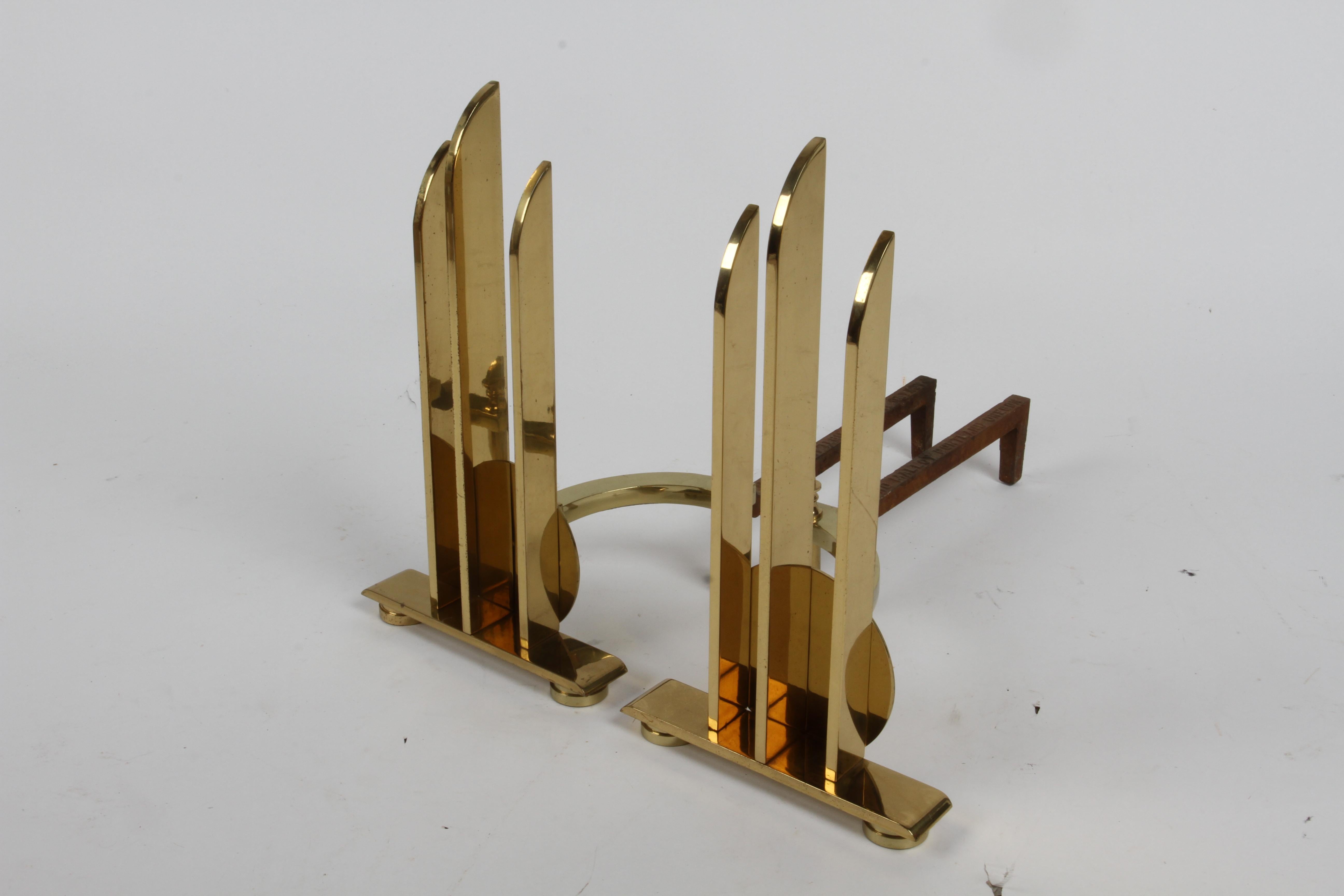 Art Deco or Machine Age Donald Deskey Style Solid Brass Streamlined Andirons  In Good Condition For Sale In St. Louis, MO