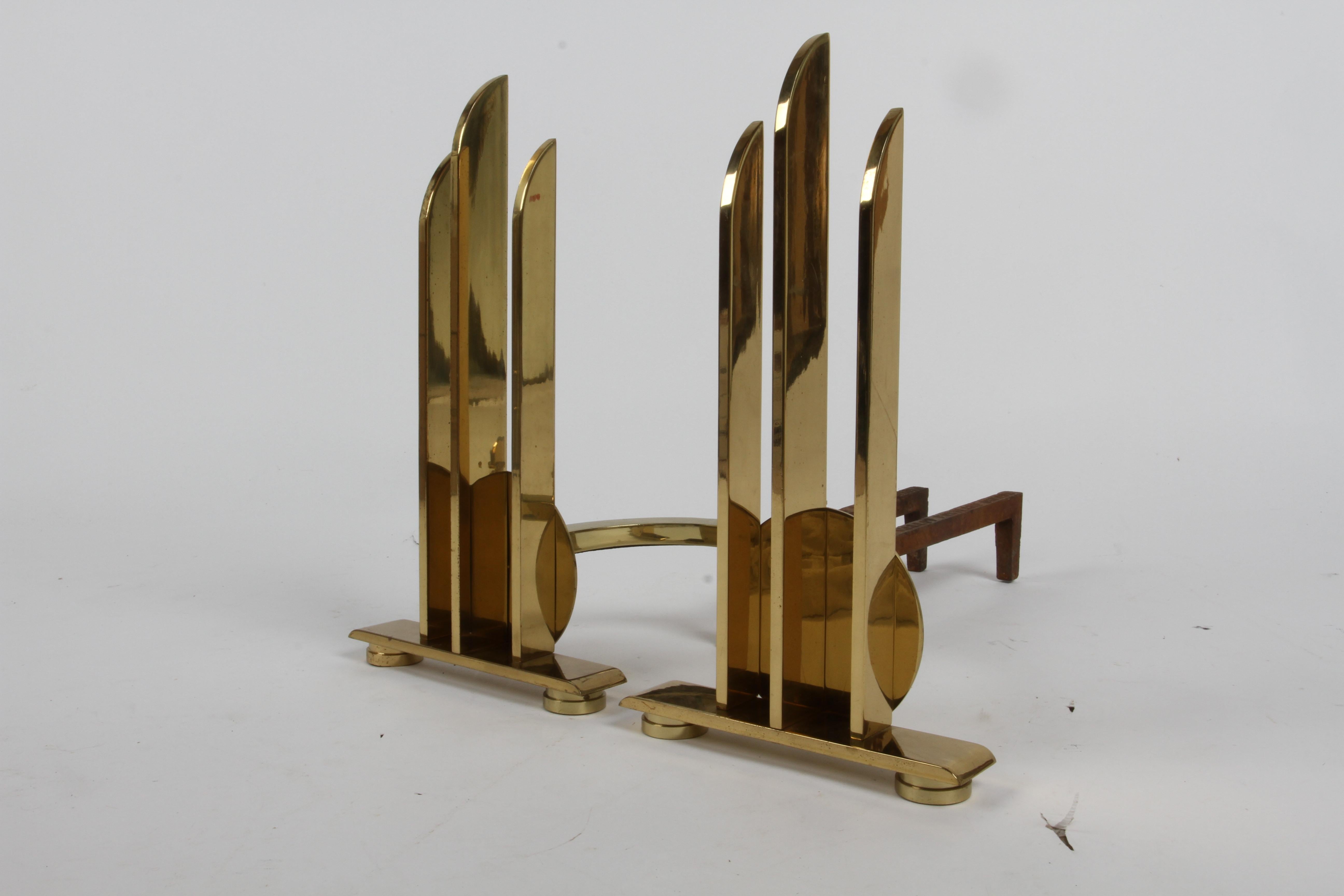 Art Deco or Machine Age Donald Deskey Style Solid Brass Streamlined Andirons  For Sale 1