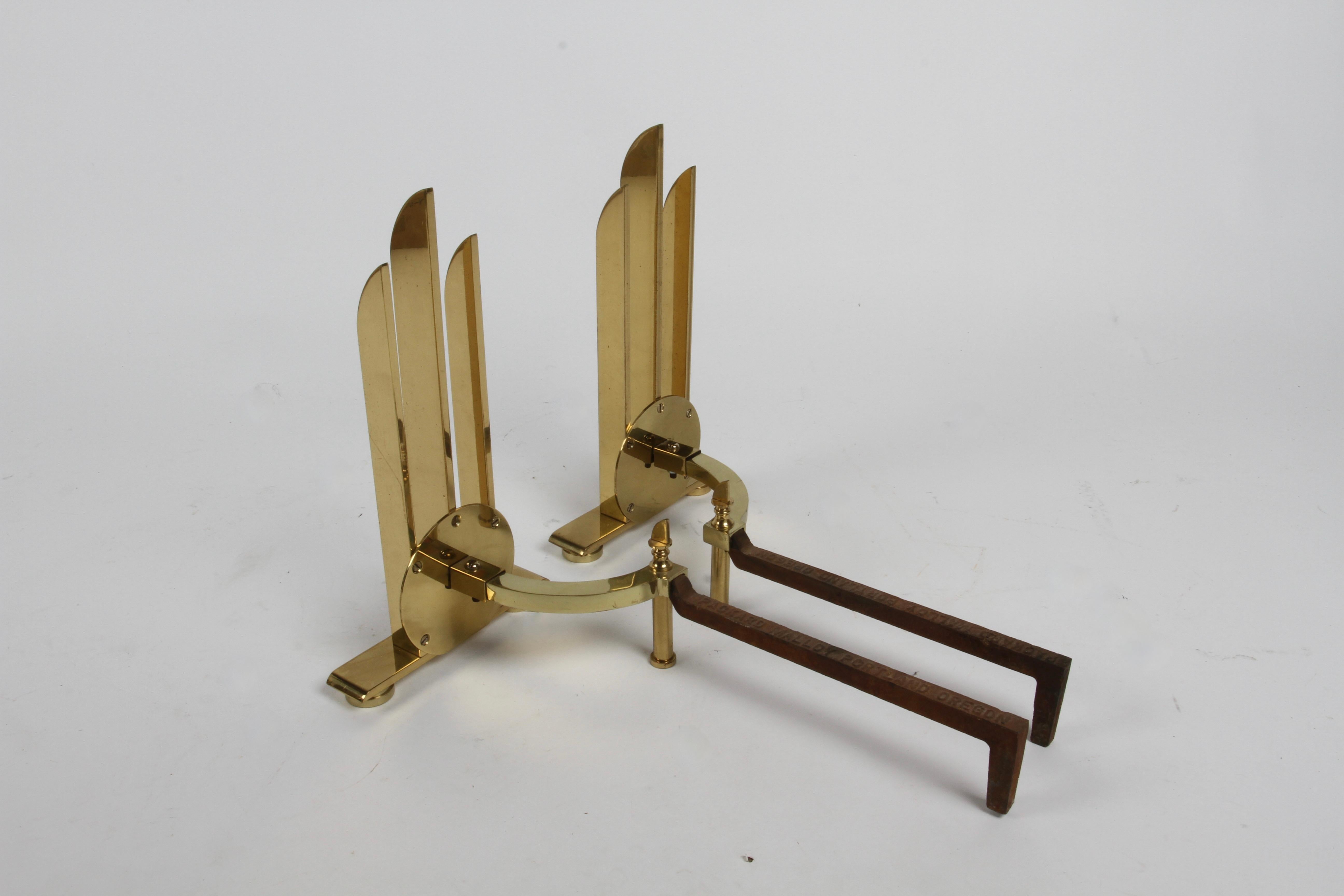 Art Deco or Machine Age Donald Deskey Style Solid Brass Streamlined Andirons  For Sale 2