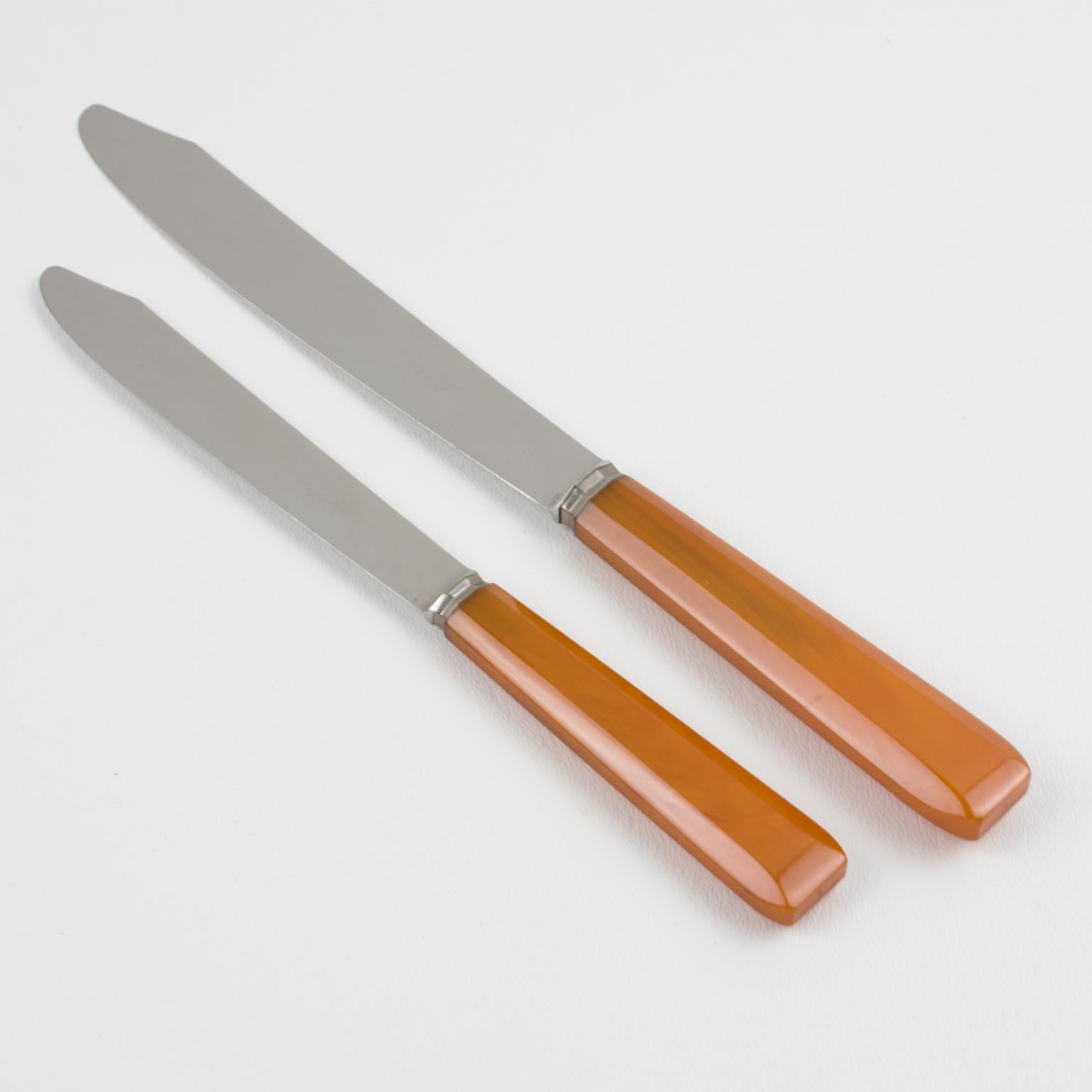 French Art Deco Orange Bakelite and Stainless Steel Knives Set in Box, 24 pieces For Sale