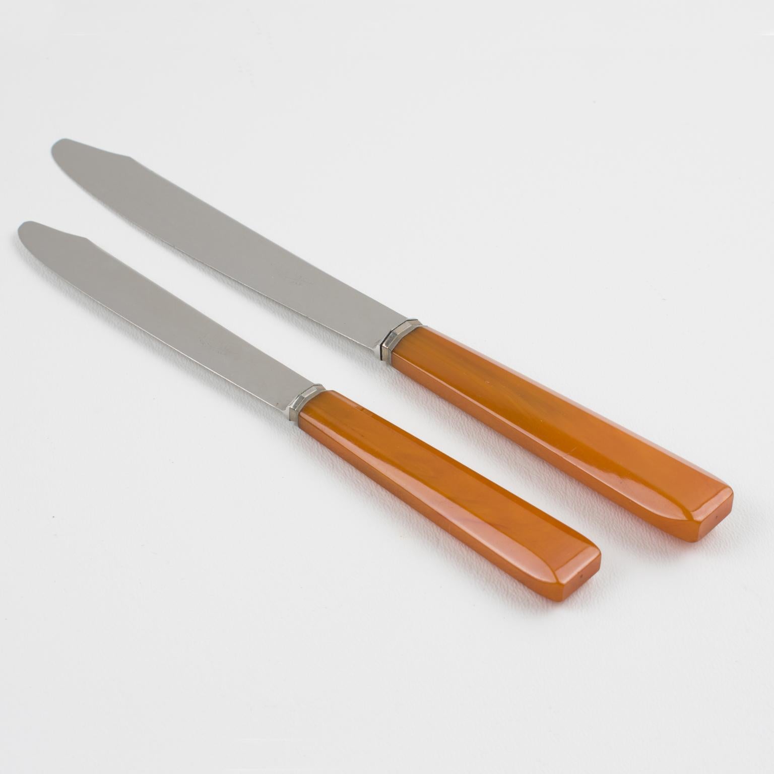 Mid-20th Century Art Deco Orange Bakelite and Stainless Steel Knives Set in Box, 24 pieces