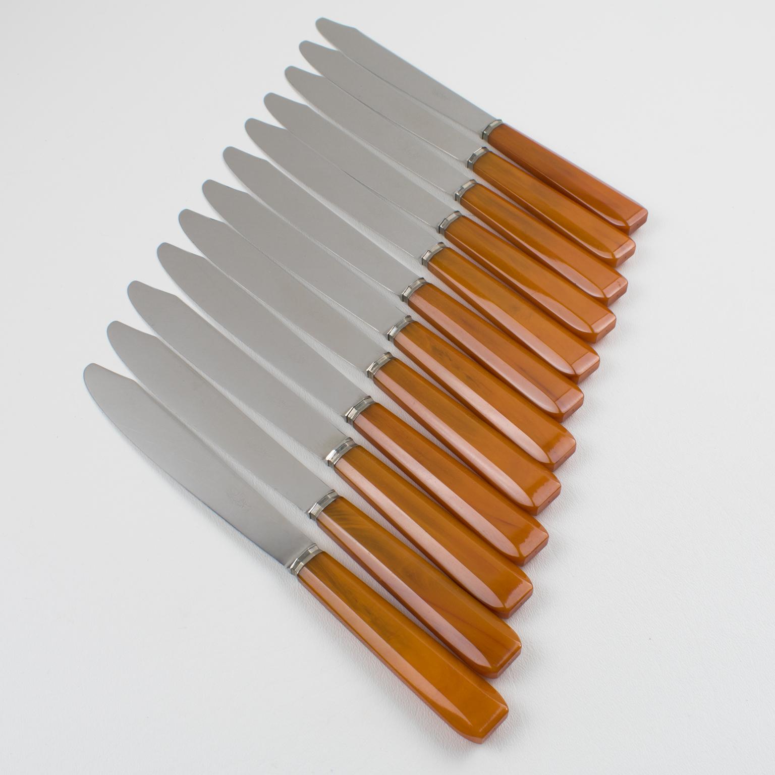 Set aus orangefarbenem Bakelit und Edelstahl-Messern im Art déco-Stil in Schachtel, 24 Teile im Angebot 2
