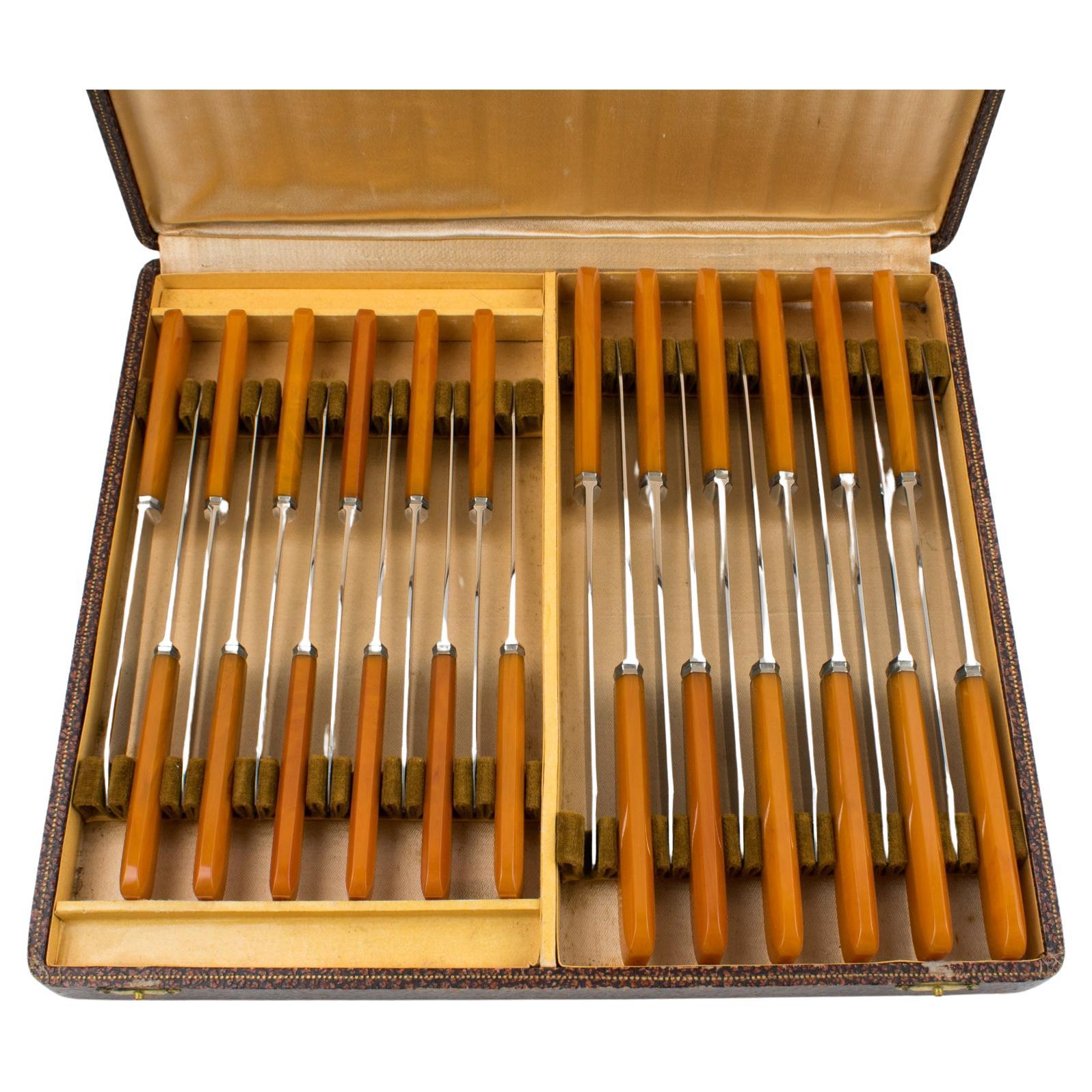 Art Deco Orange Bakelite and Stainless Steel Knives Set in Box, 24 pieces For Sale