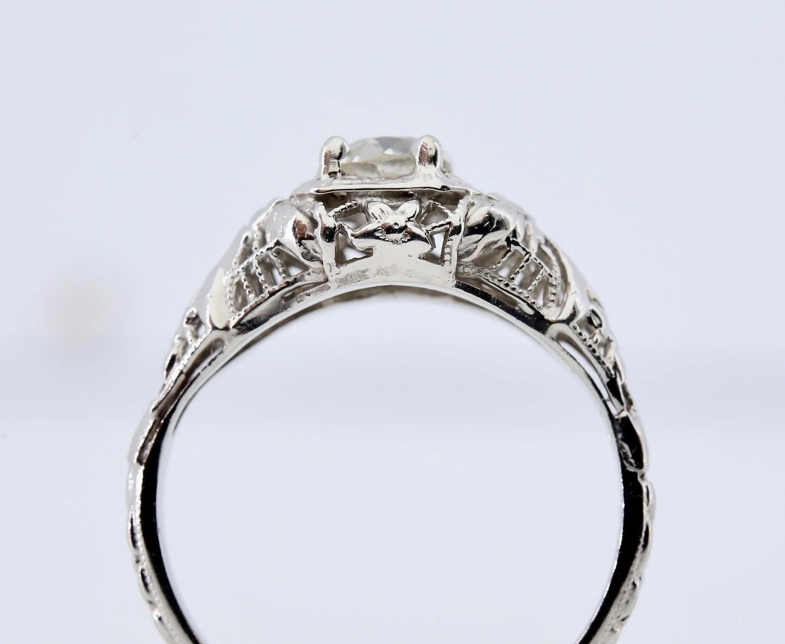 Art Deco Orange Blossom 0.70ct Old Mine Cut Diamond Filigree Engagement Ring In Good Condition For Sale In Boston, MA