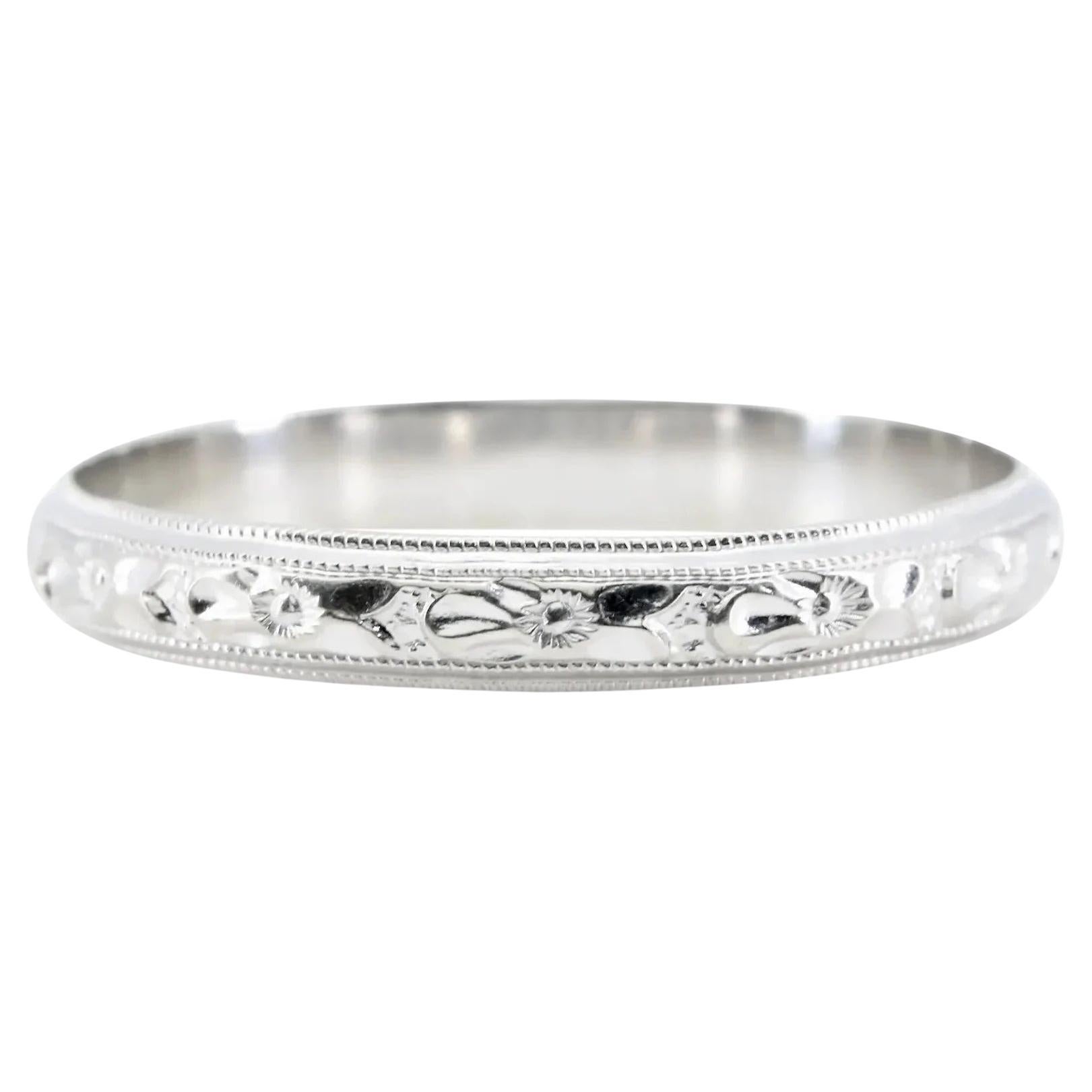 Art Deco Orange Blossom Pattern Wedding Band in 18K White Gold Size 10 For Sale