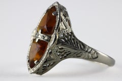 Art Deco Orange Citrine and Filigree Navette Dinner Ring