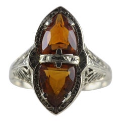 Art Deco Orange Citrine and Filigree Navette Dinner Ring