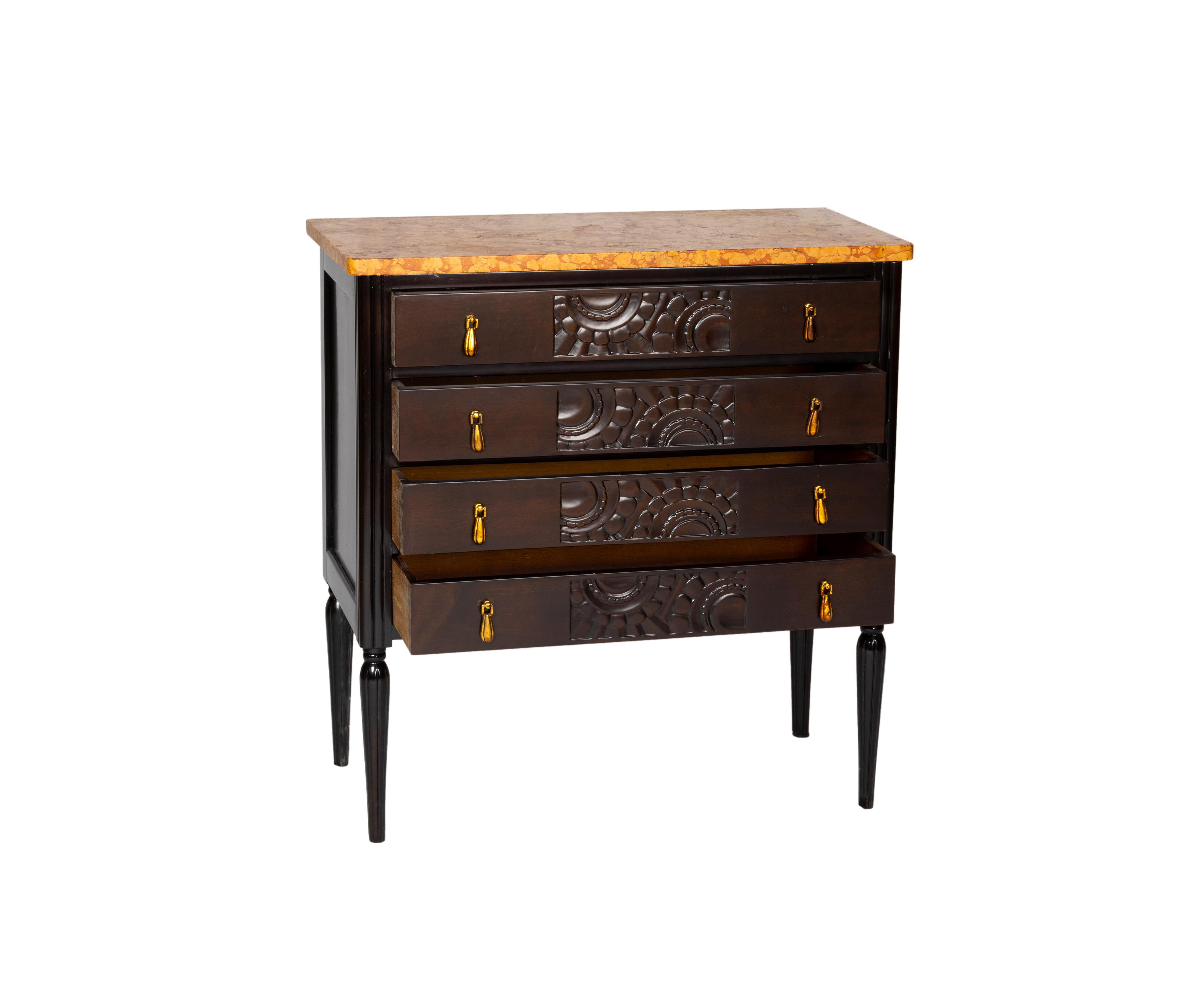 Extraordinary lacquered style commode with four long drawers with golden pendant hardware. 
An elegant piece with a unique orange Numidian Sanguine marble top, quarried from Algiers. 
A great dining, living or bedroom support piece.
